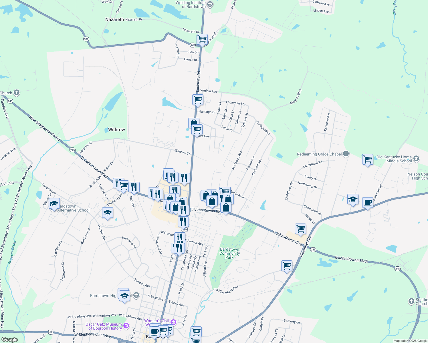 map of restaurants, bars, coffee shops, grocery stores, and more near 998 Woods Run Road in Bardstown