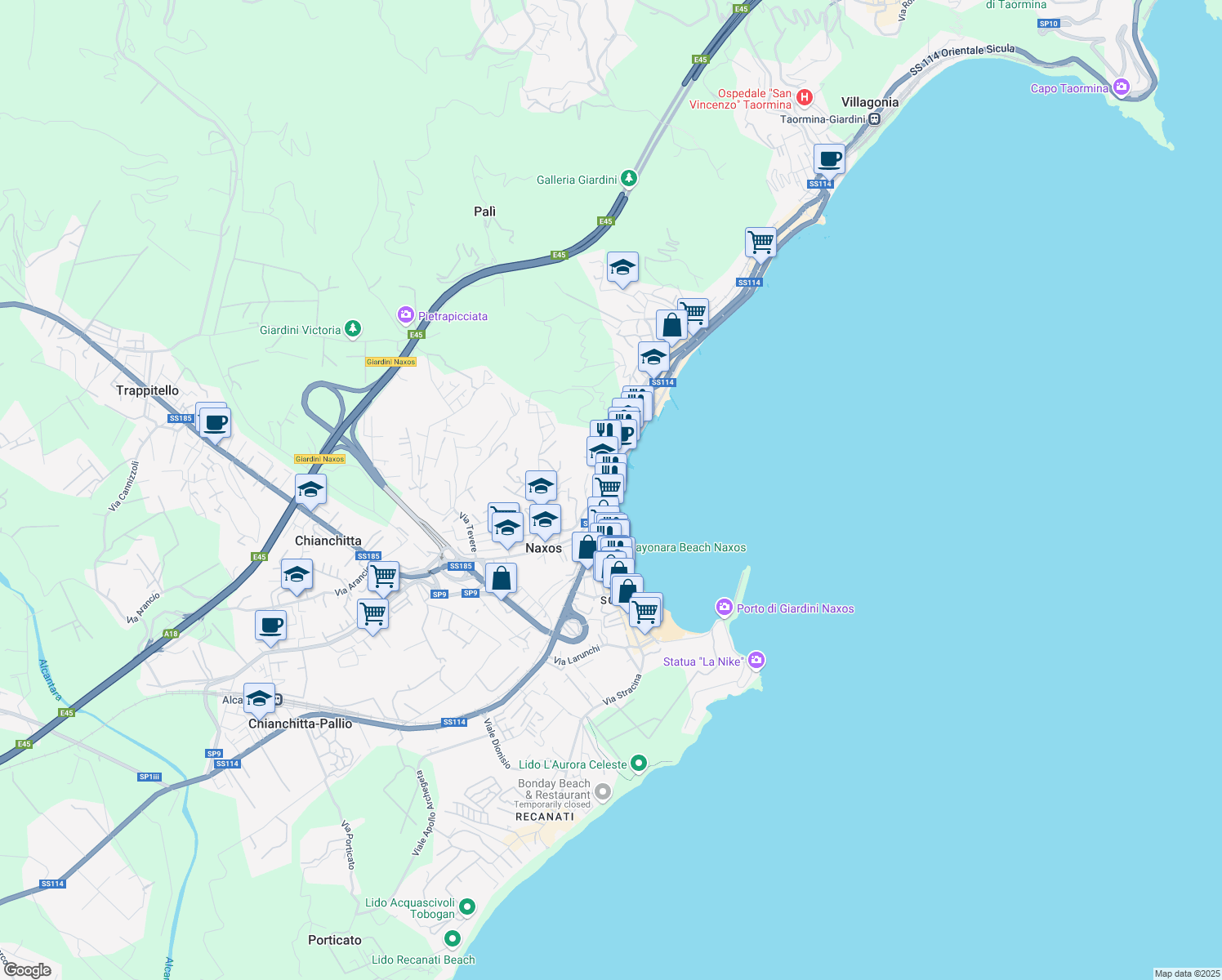 map of restaurants, bars, coffee shops, grocery stores, and more near 20 Via Naxos in Giardini Naxos