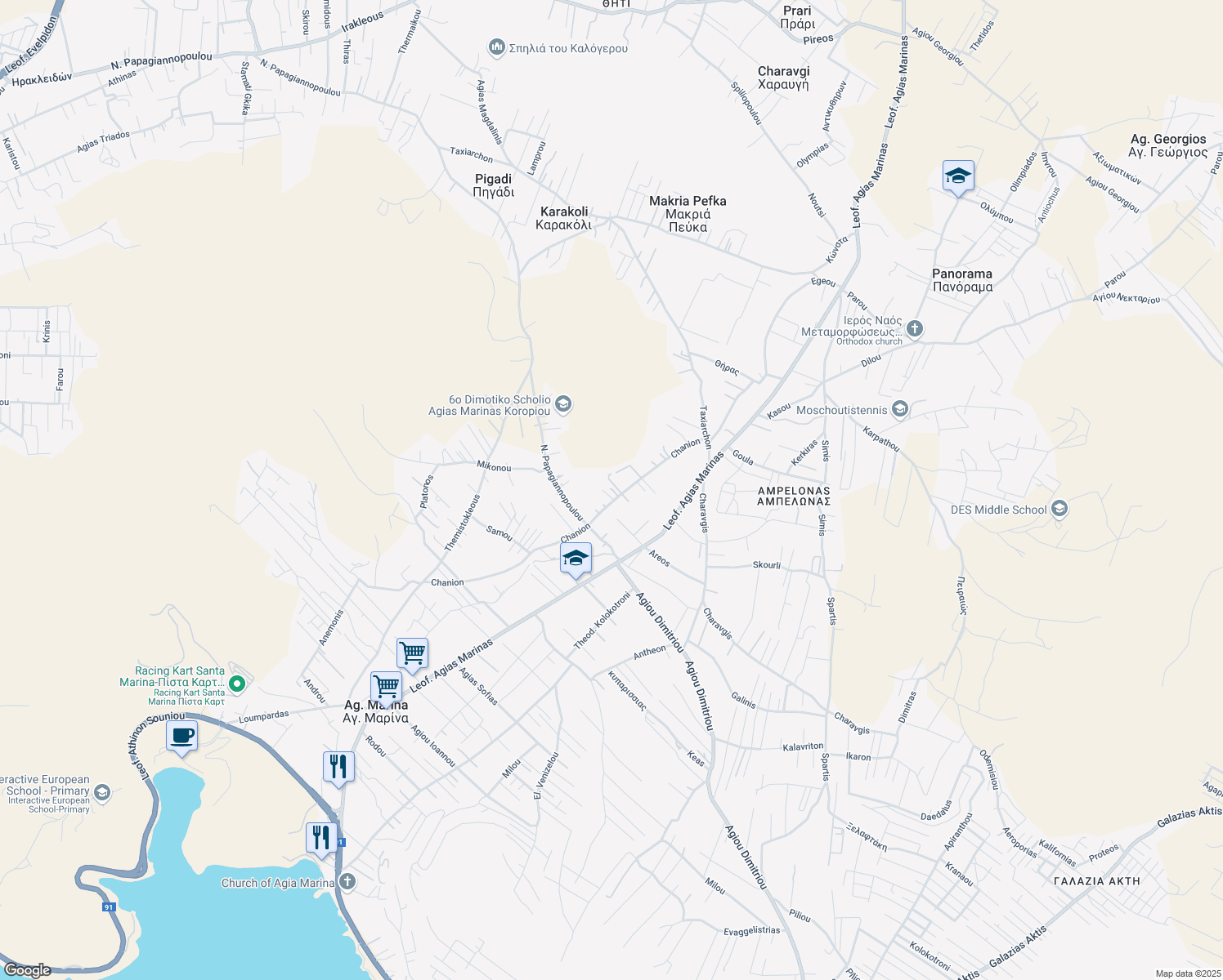 map of restaurants, bars, coffee shops, grocery stores, and more near in Koropi