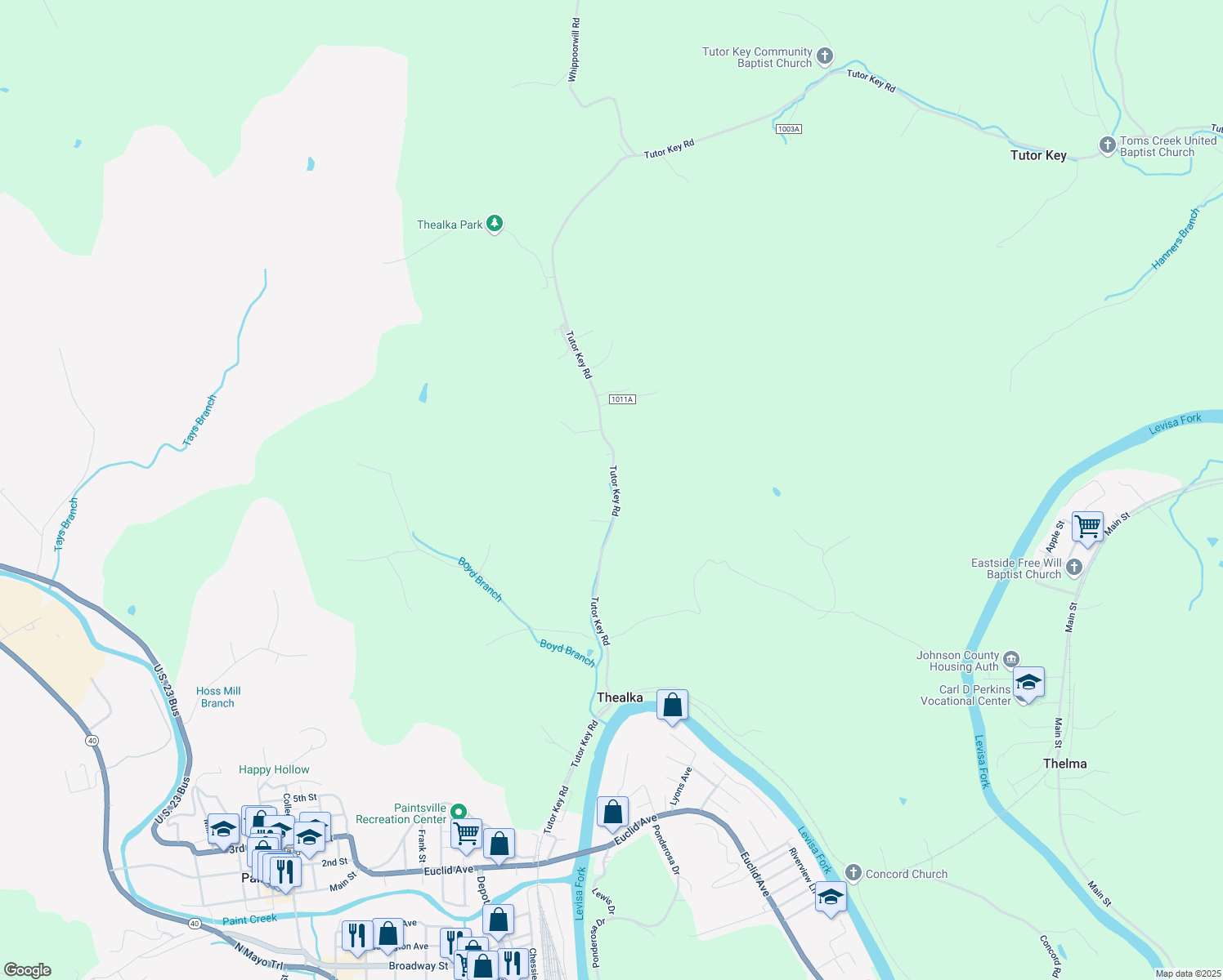 map of restaurants, bars, coffee shops, grocery stores, and more near State Highway 581 in Paintsville