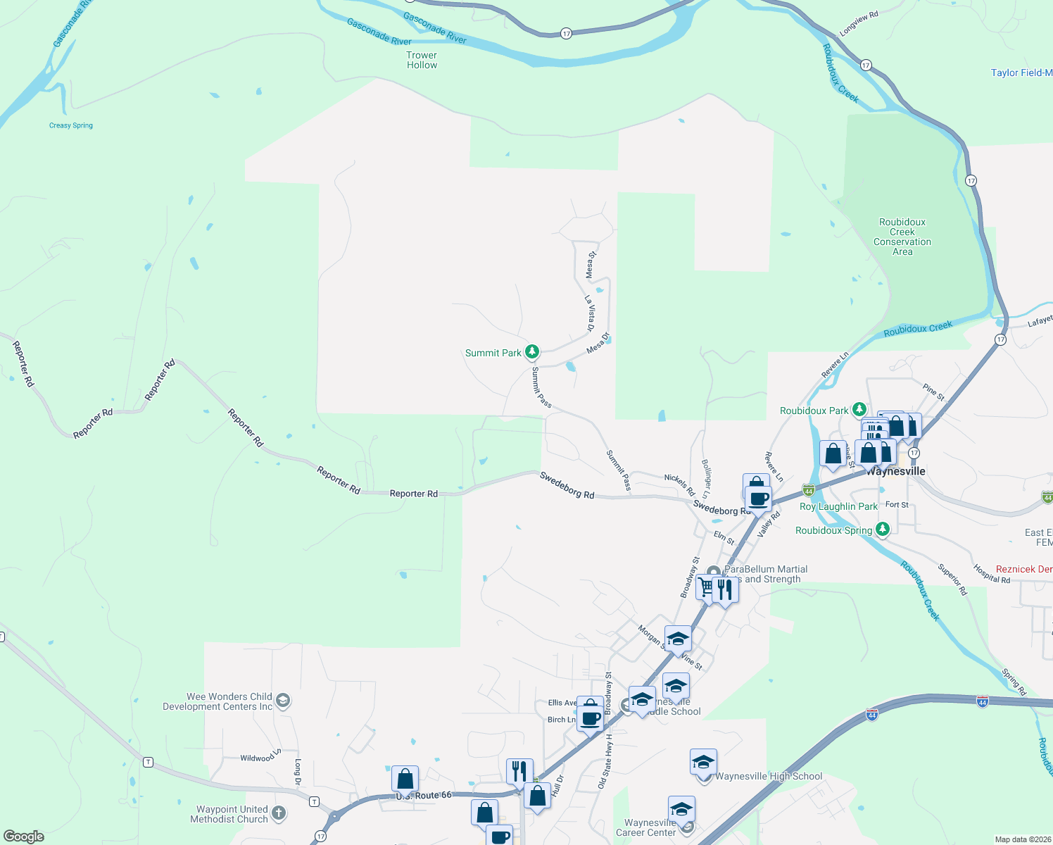 map of restaurants, bars, coffee shops, grocery stores, and more near 204 Majestic in Waynesville