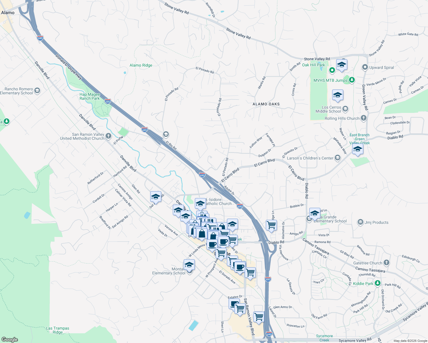 map of restaurants, bars, coffee shops, grocery stores, and more near 451 El Rio Road in Danville