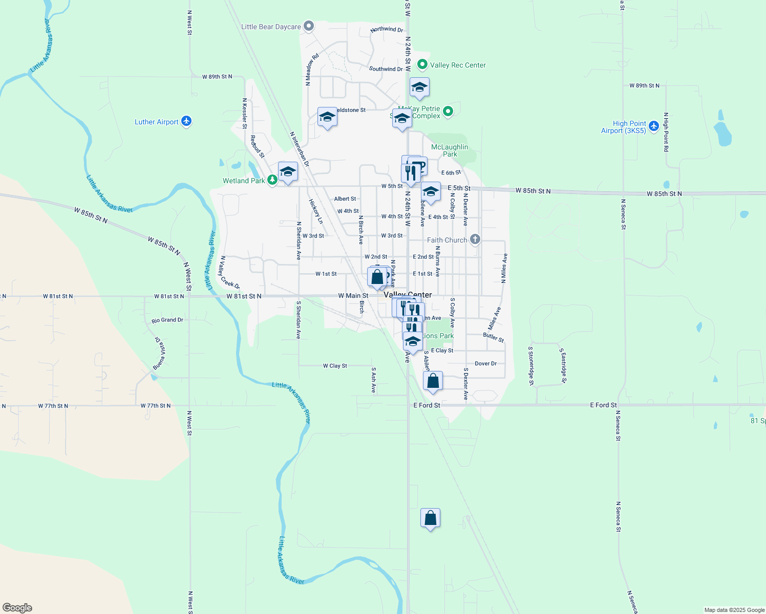 map of restaurants, bars, coffee shops, grocery stores, and more near 122 South Ash Avenue in Valley Center