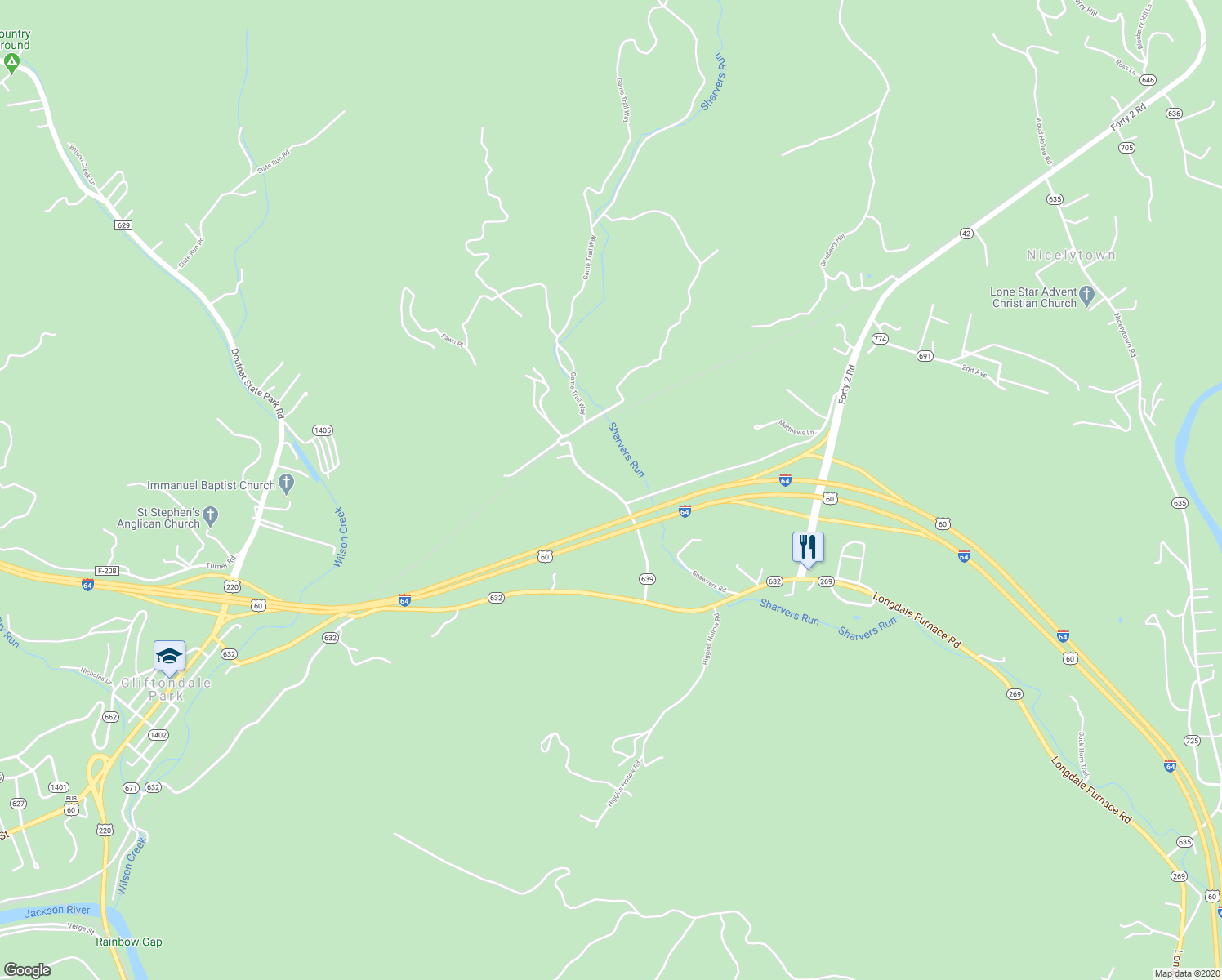 map of restaurants, bars, coffee shops, grocery stores, and more near 3303 Longdale Station Road in Clifton Forge