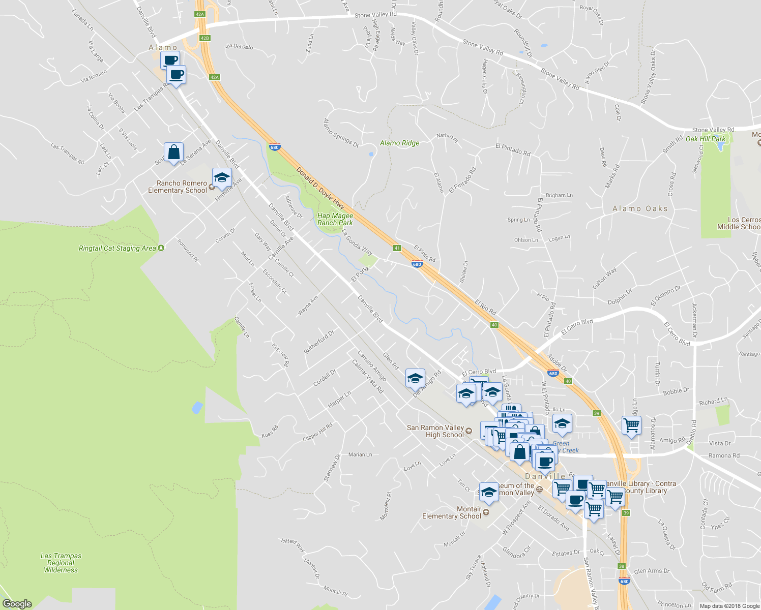 map of restaurants, bars, coffee shops, grocery stores, and more near 824 Danville Boulevard in Danville