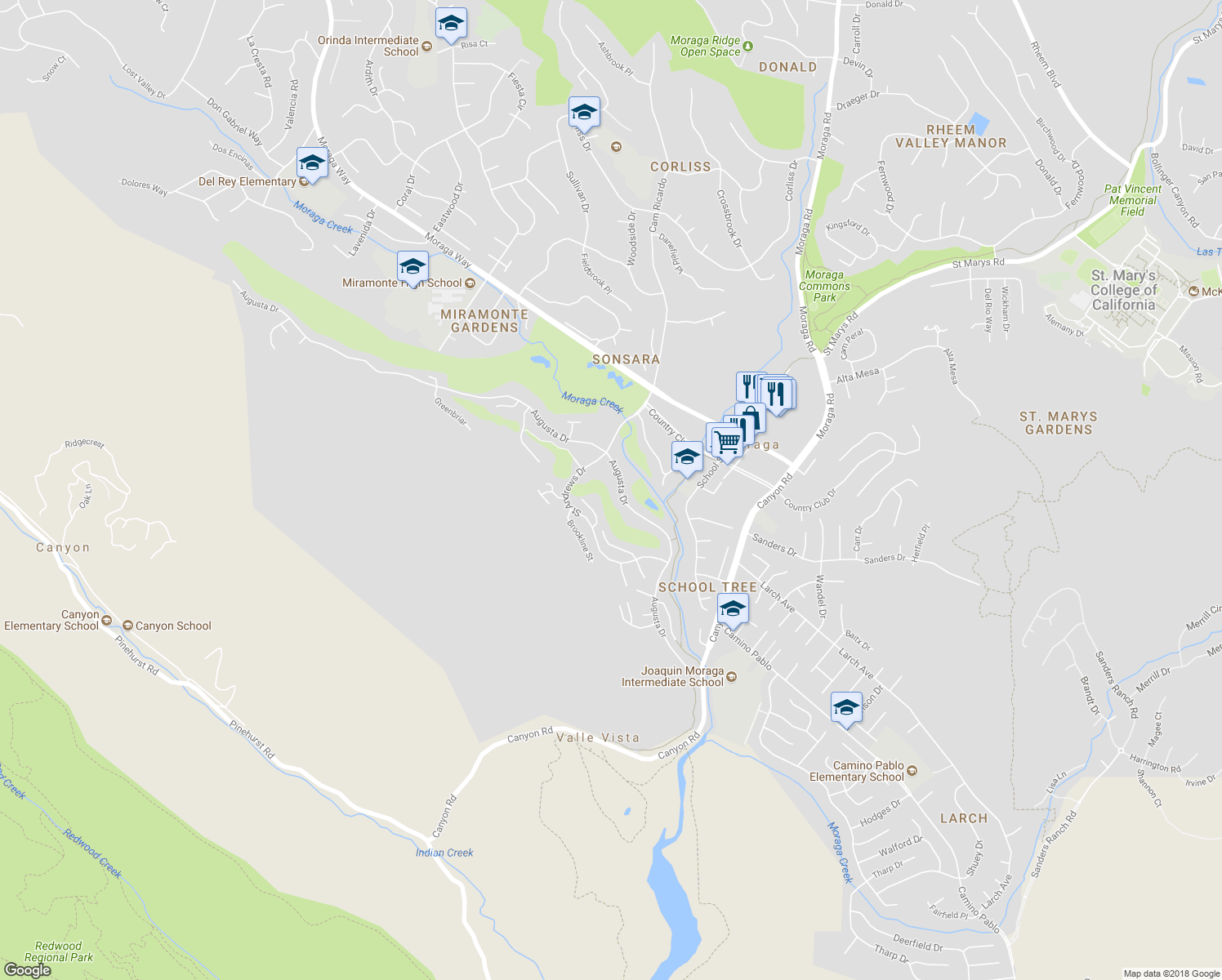 map of restaurants, bars, coffee shops, grocery stores, and more near 746 Augusta Drive in Moraga