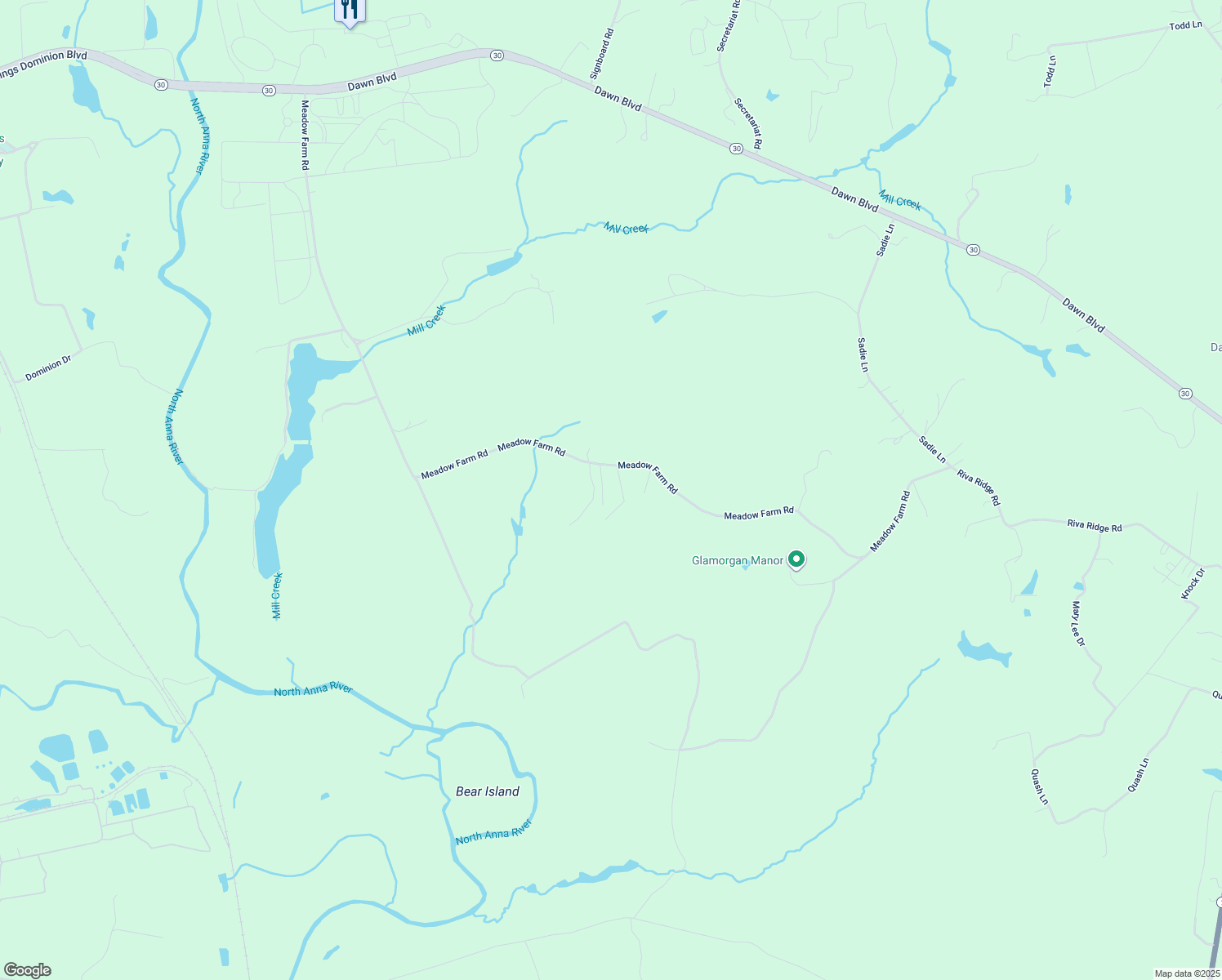 map of restaurants, bars, coffee shops, grocery stores, and more near 14140 Meadow Farm Road in Doswell