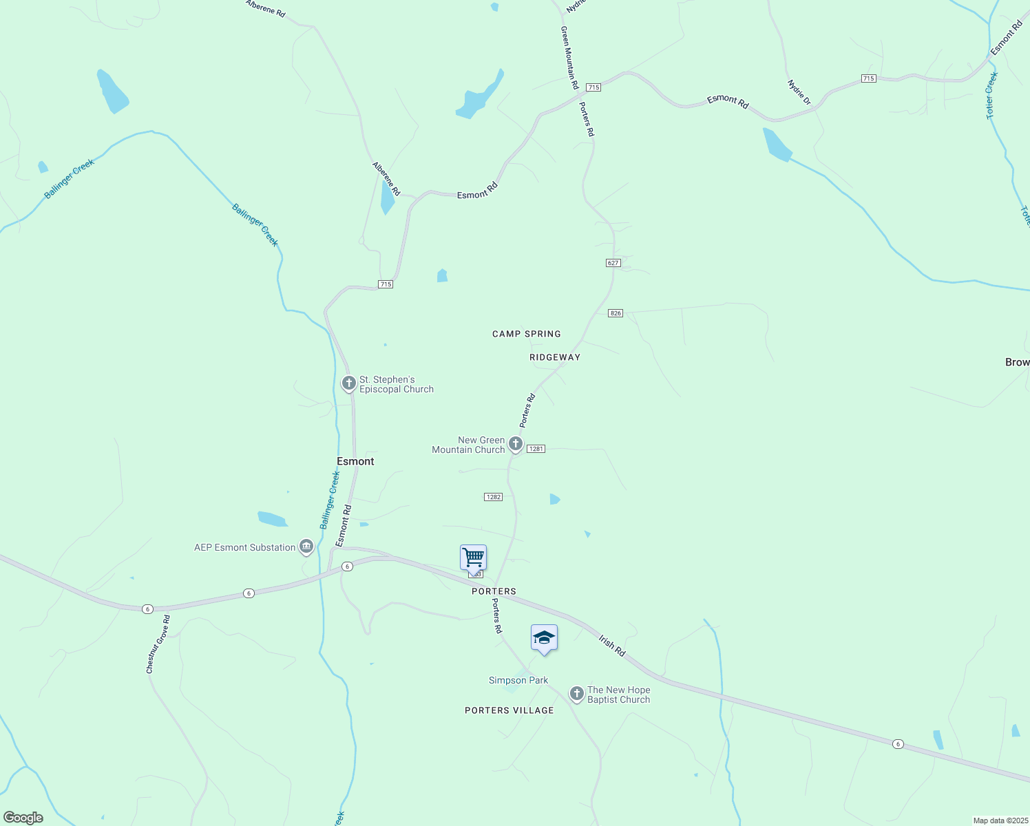 map of restaurants, bars, coffee shops, grocery stores, and more near 7188 Porters Road in Esmont
