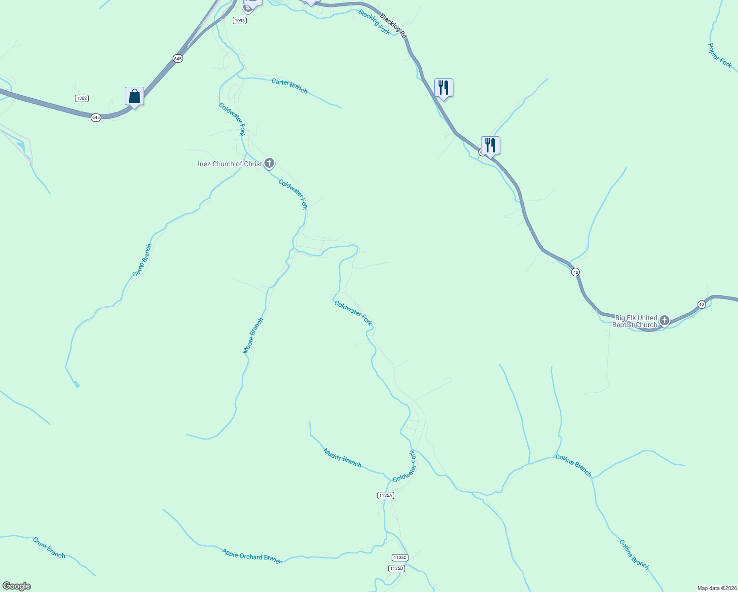 map of restaurants, bars, coffee shops, grocery stores, and more near 1839 Coldwater Road in Inez
