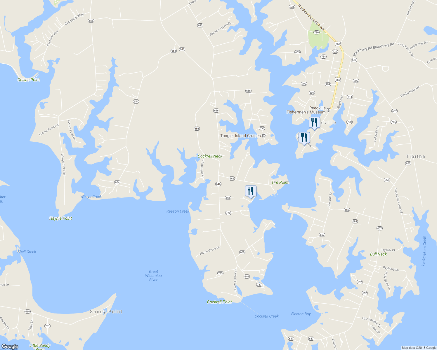 map of restaurants, bars, coffee shops, grocery stores, and more near 1966 Fairport Road in Reedville