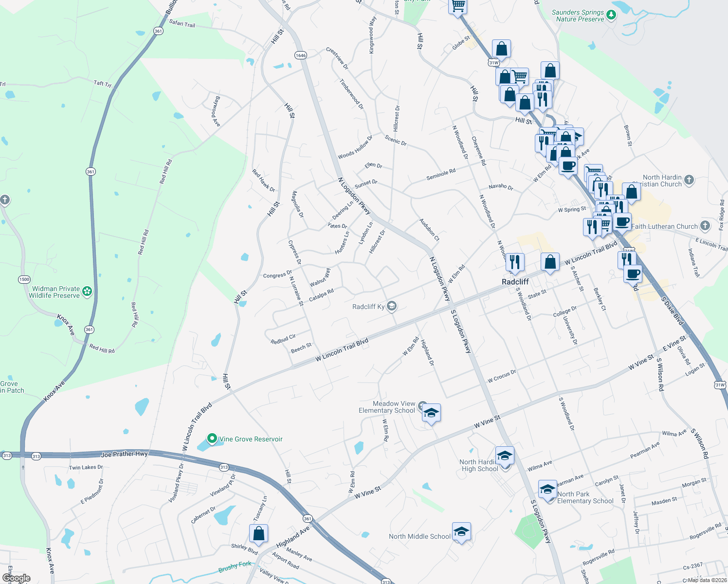 map of restaurants, bars, coffee shops, grocery stores, and more near 1433 Catalpa Rd in Radcliff