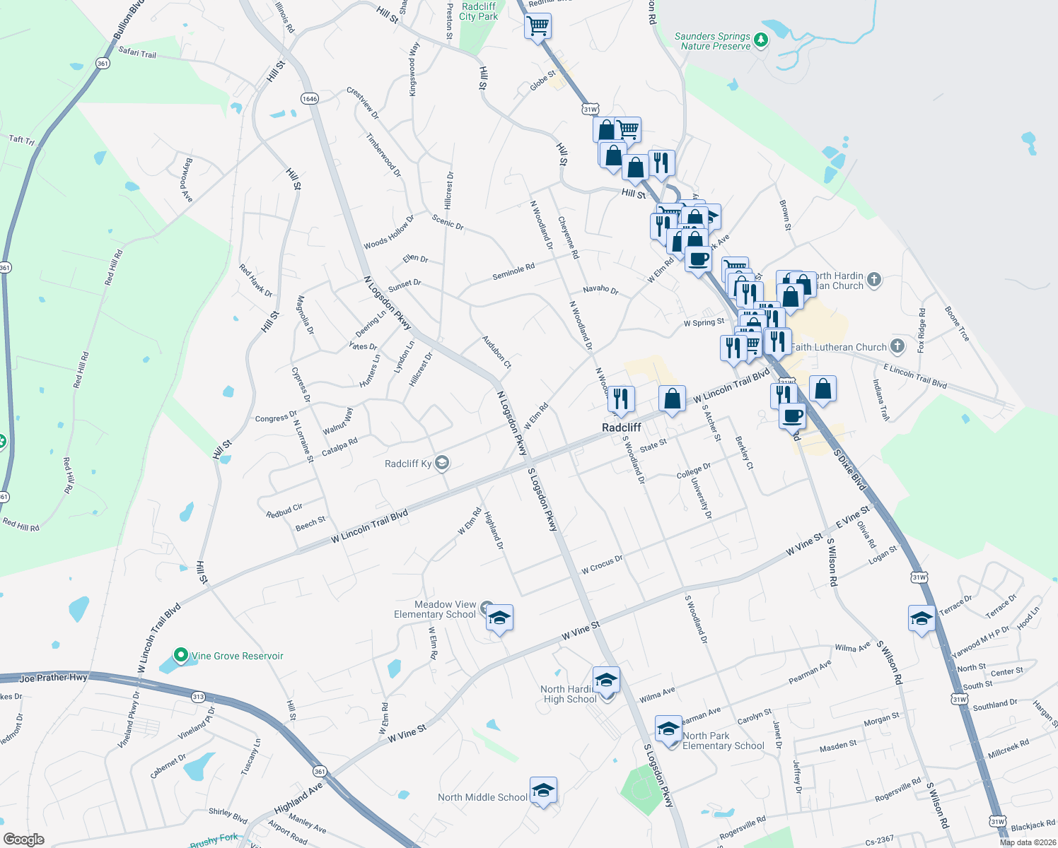 map of restaurants, bars, coffee shops, grocery stores, and more near 909 Elm Road in Radcliff