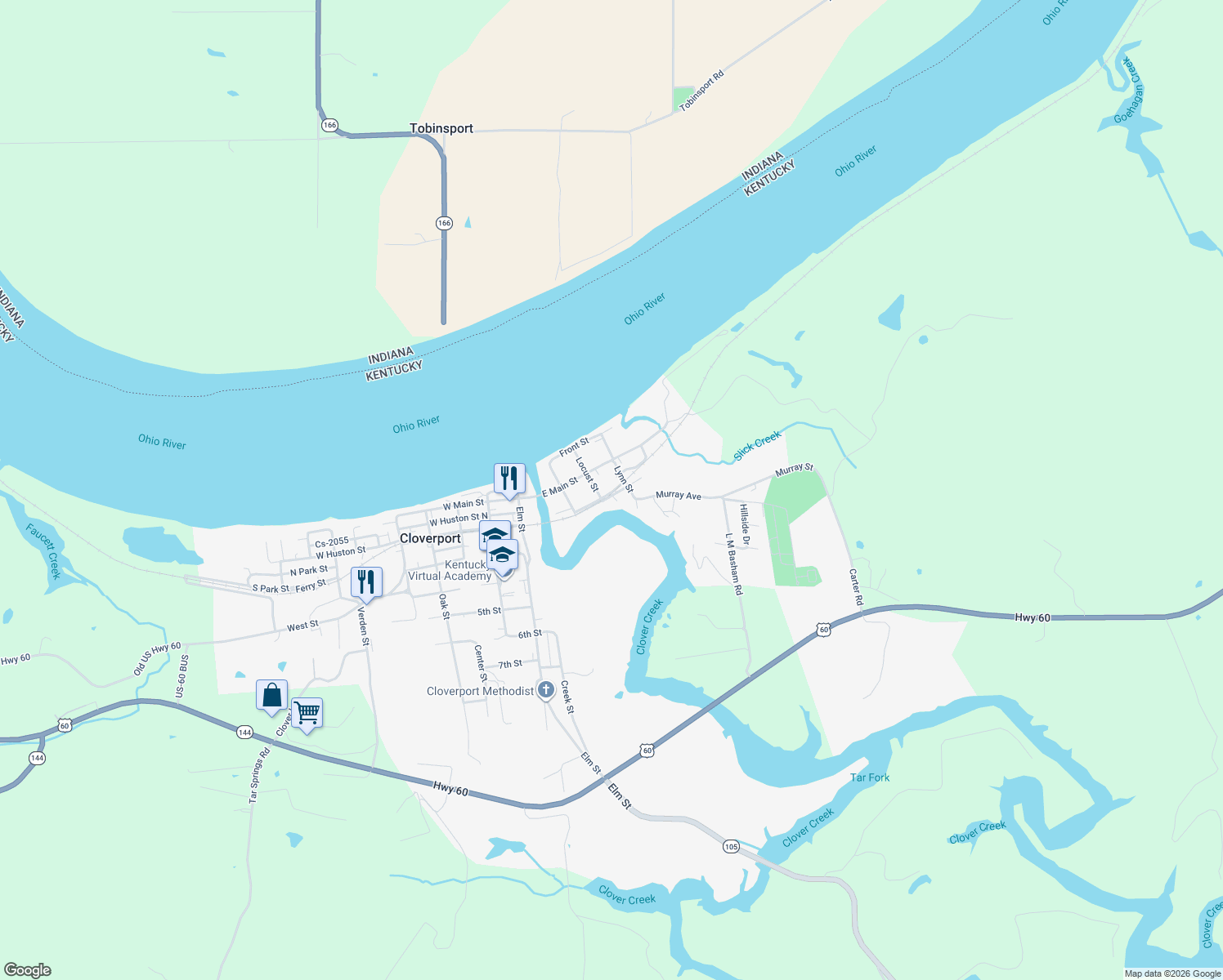 map of restaurants, bars, coffee shops, grocery stores, and more near 307 East Houston Street in Cloverport