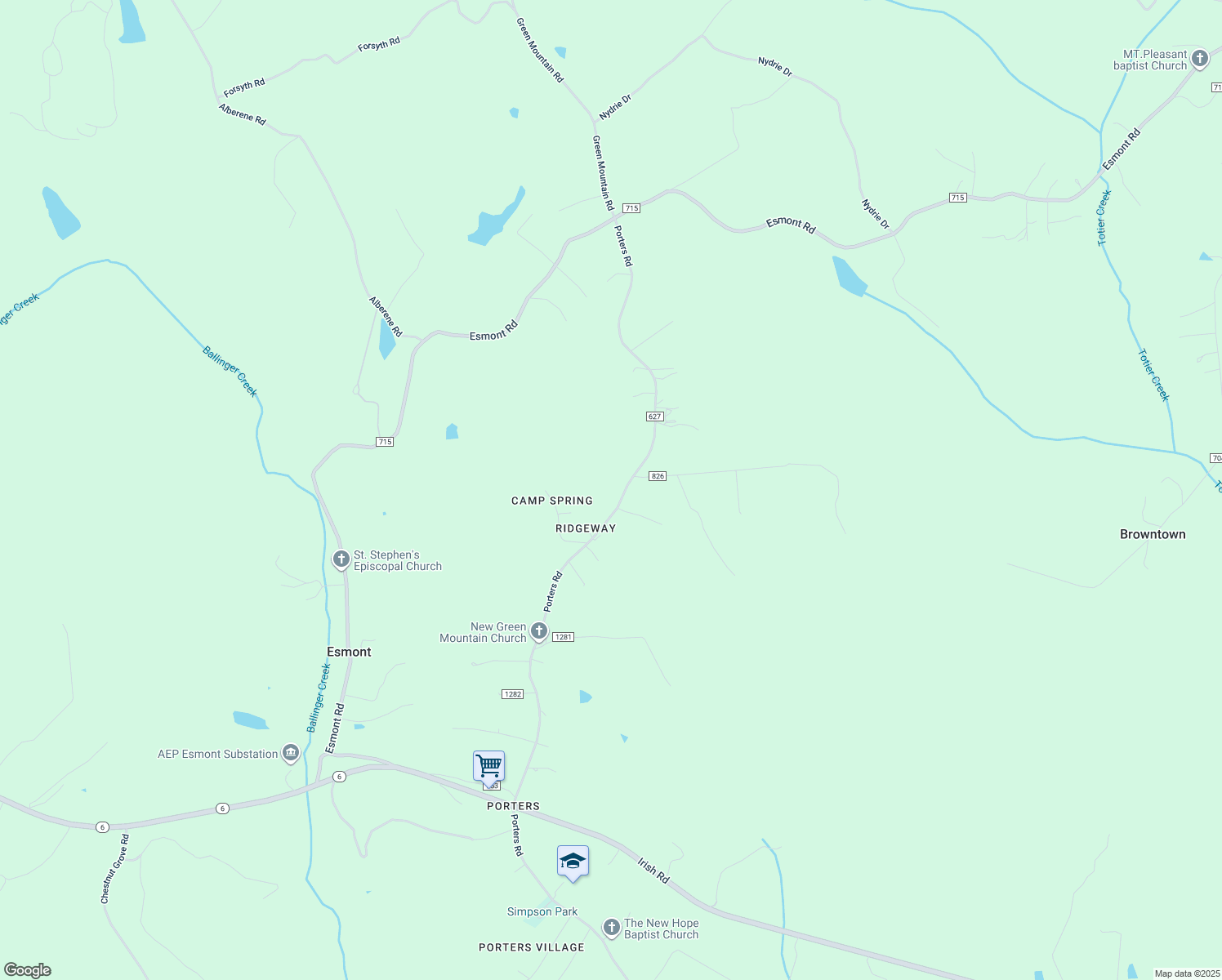 map of restaurants, bars, coffee shops, grocery stores, and more near 7010 Porters Road in Esmont