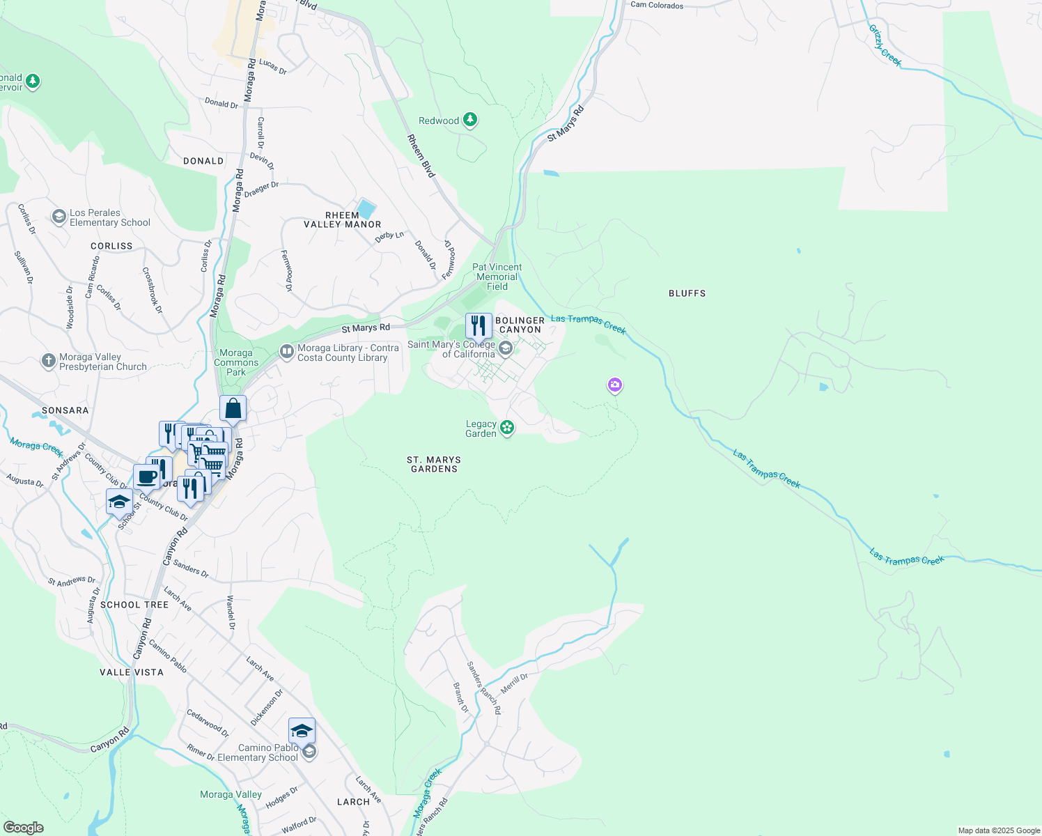 map of restaurants, bars, coffee shops, grocery stores, and more near San Miguel Circle in Moraga