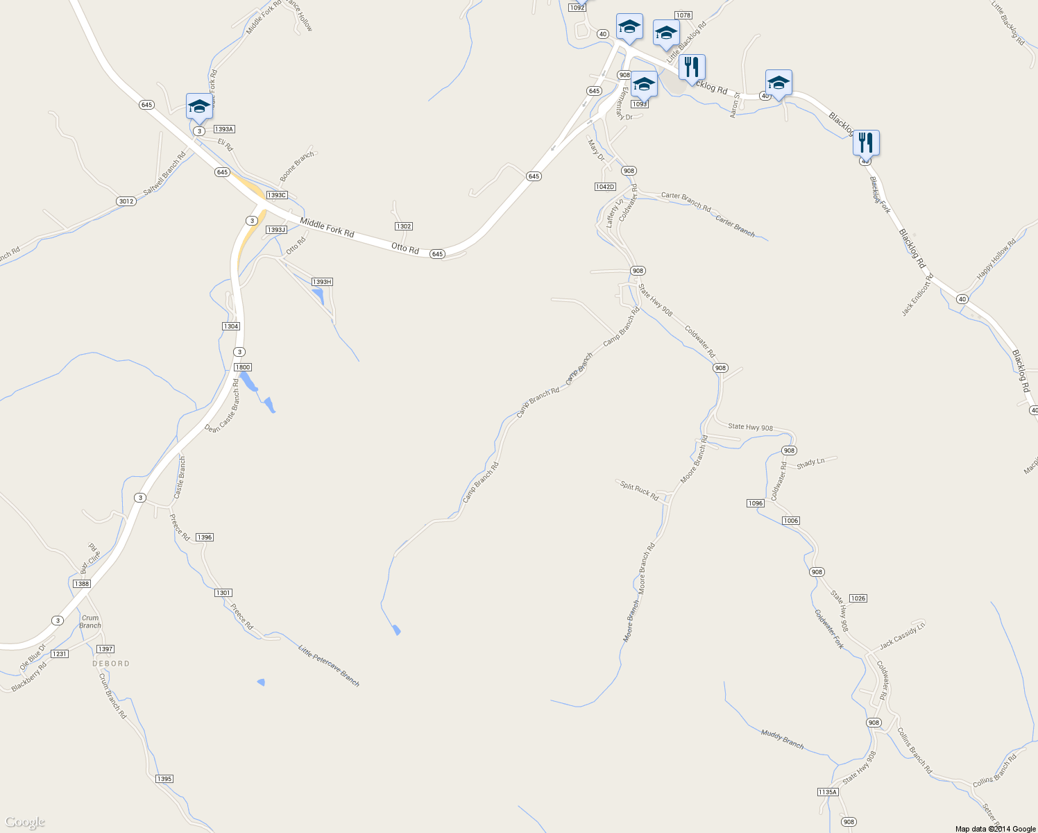 map of restaurants, bars, coffee shops, grocery stores, and more near Camp Branch Road in Inez