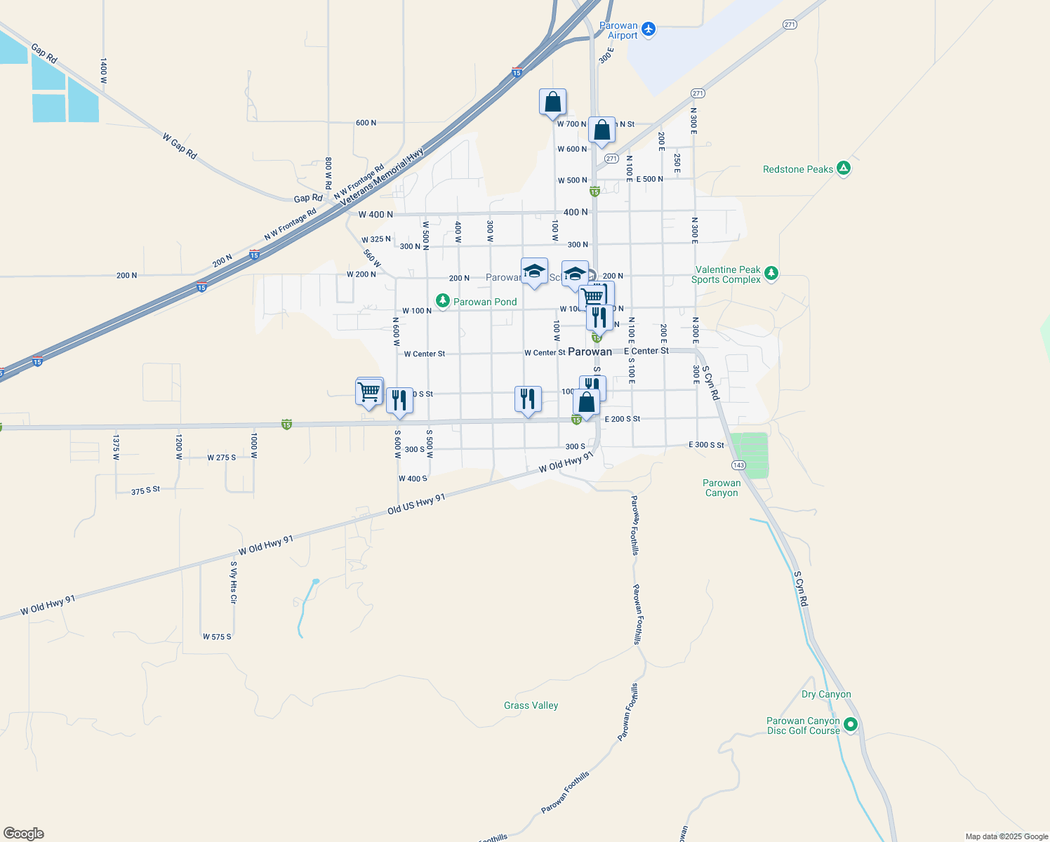 map of restaurants, bars, coffee shops, grocery stores, and more near 198 W 200 S in Parowan