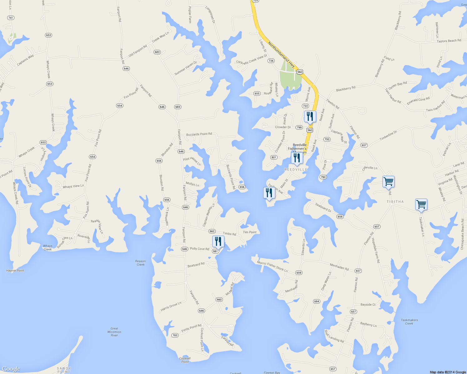 map of restaurants, bars, coffee shops, grocery stores, and more near 678 Buzzards Point Road in Reedville