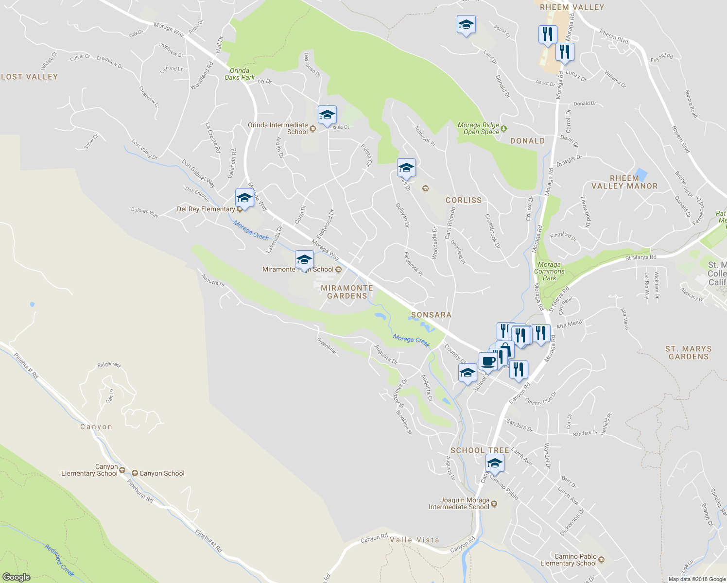 map of restaurants, bars, coffee shops, grocery stores, and more near 107 Miramonte Drive in Moraga