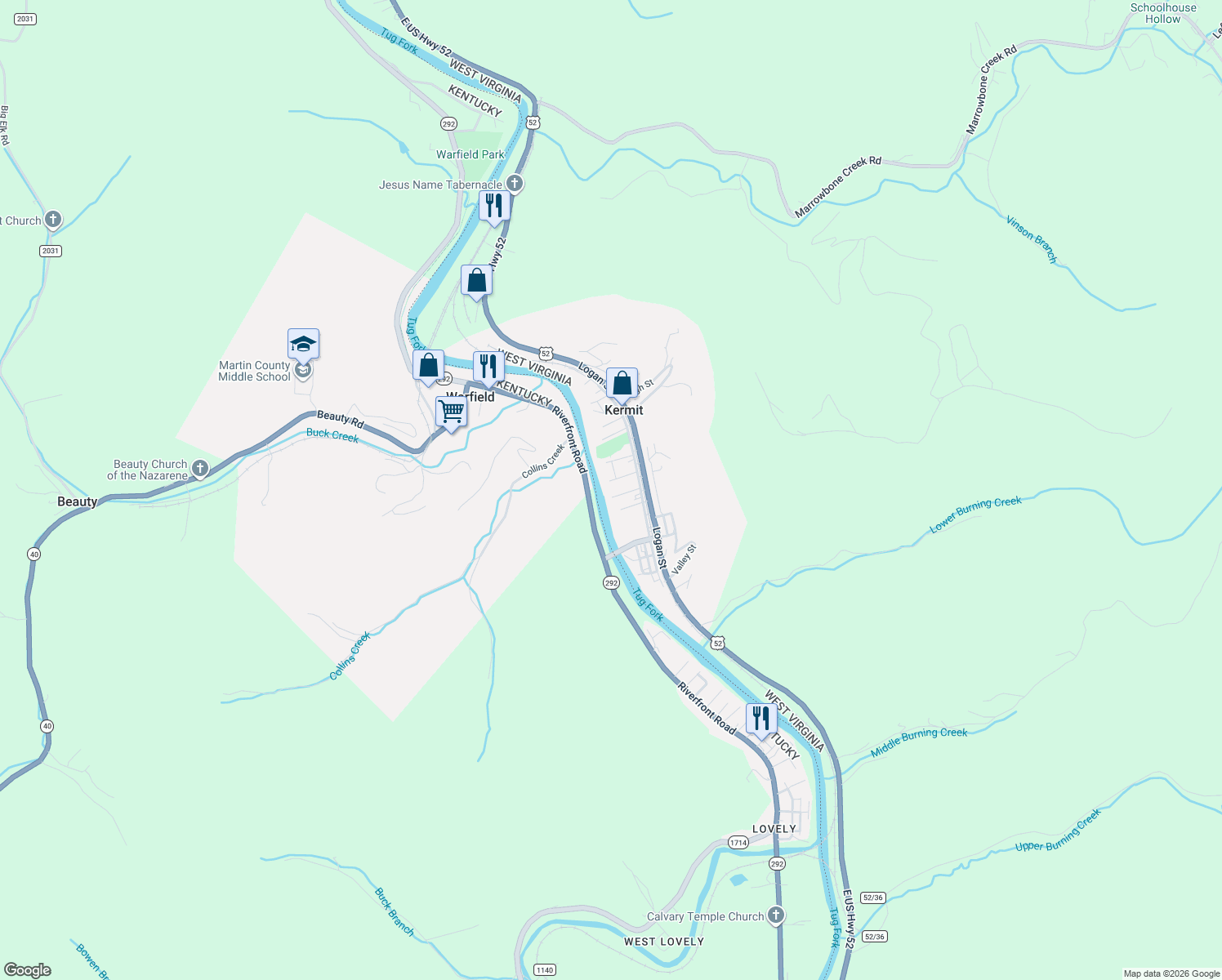 map of restaurants, bars, coffee shops, grocery stores, and more near 82 Meade St in Kermit