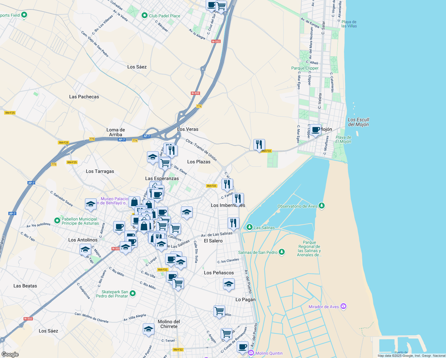 map of restaurants, bars, coffee shops, grocery stores, and more near 38 Calle Abubilla in San Pedro del Pinatar