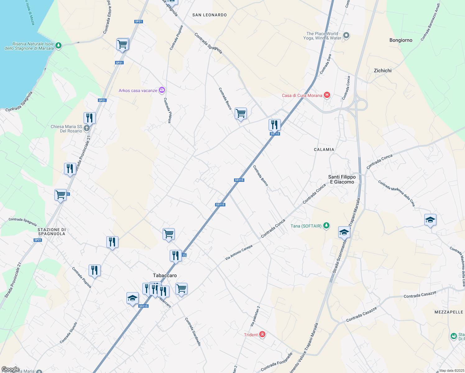map of restaurants, bars, coffee shops, grocery stores, and more near 395 SS115 in Marsala