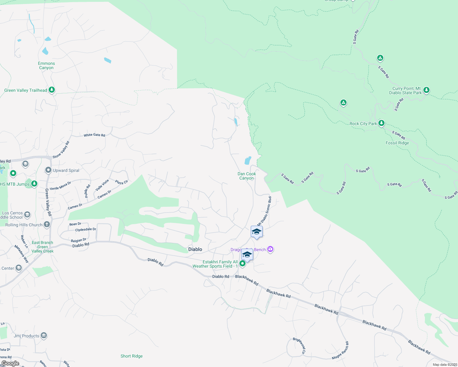 map of restaurants, bars, coffee shops, grocery stores, and more near 2300 Caballo Ranchero Drive in Diablo