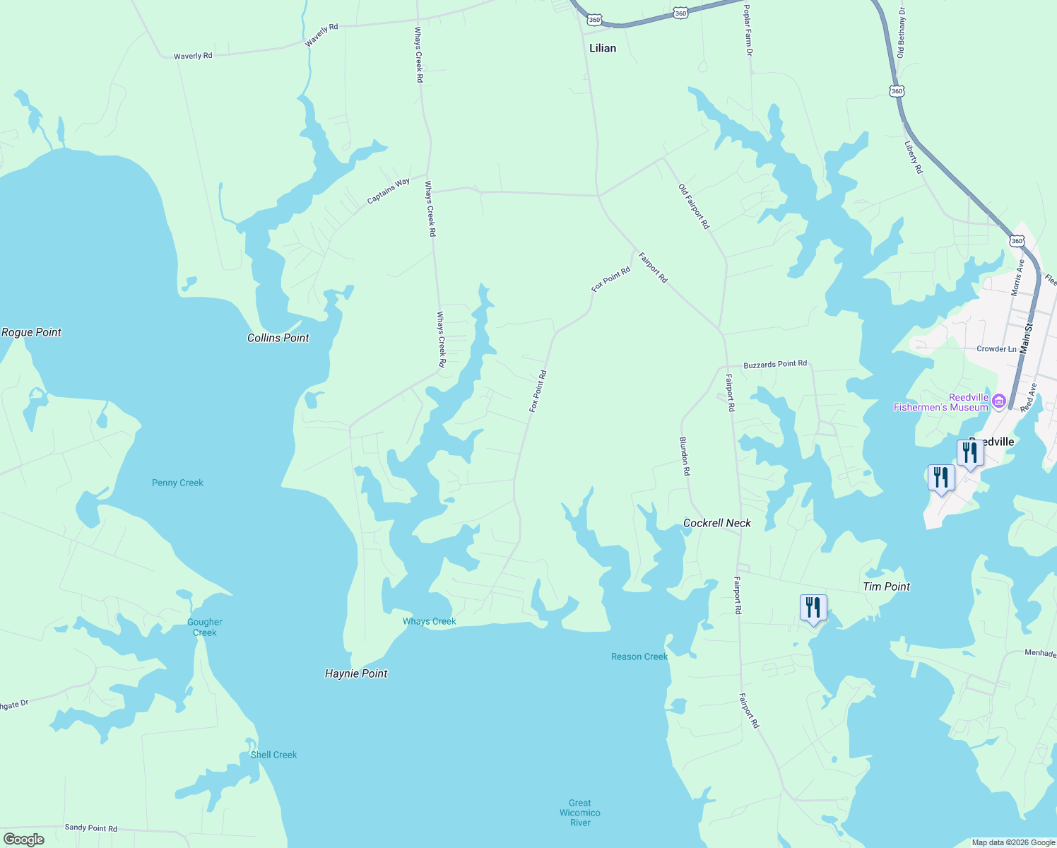 map of restaurants, bars, coffee shops, grocery stores, and more near Fox Point Road in Reedville