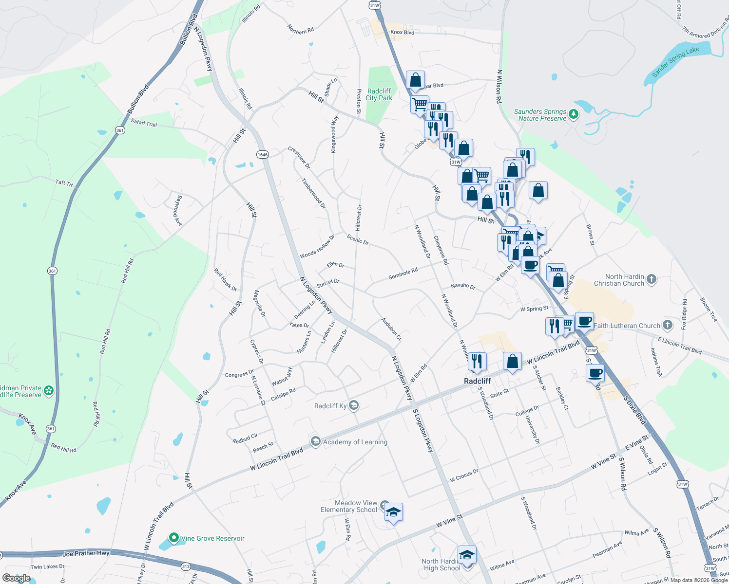 map of restaurants, bars, coffee shops, grocery stores, and more near 998 Seminole Rd in Radcliff