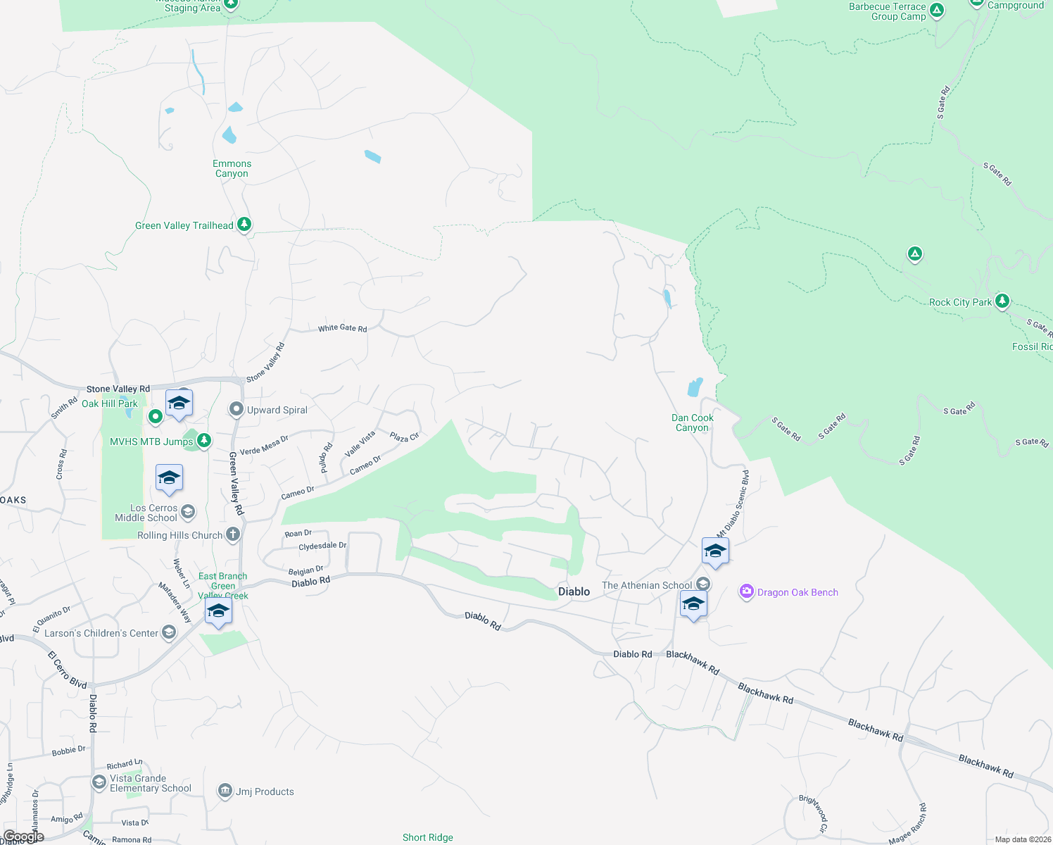 map of restaurants, bars, coffee shops, grocery stores, and more near 2592 Caballo Ranchero Drive in Diablo