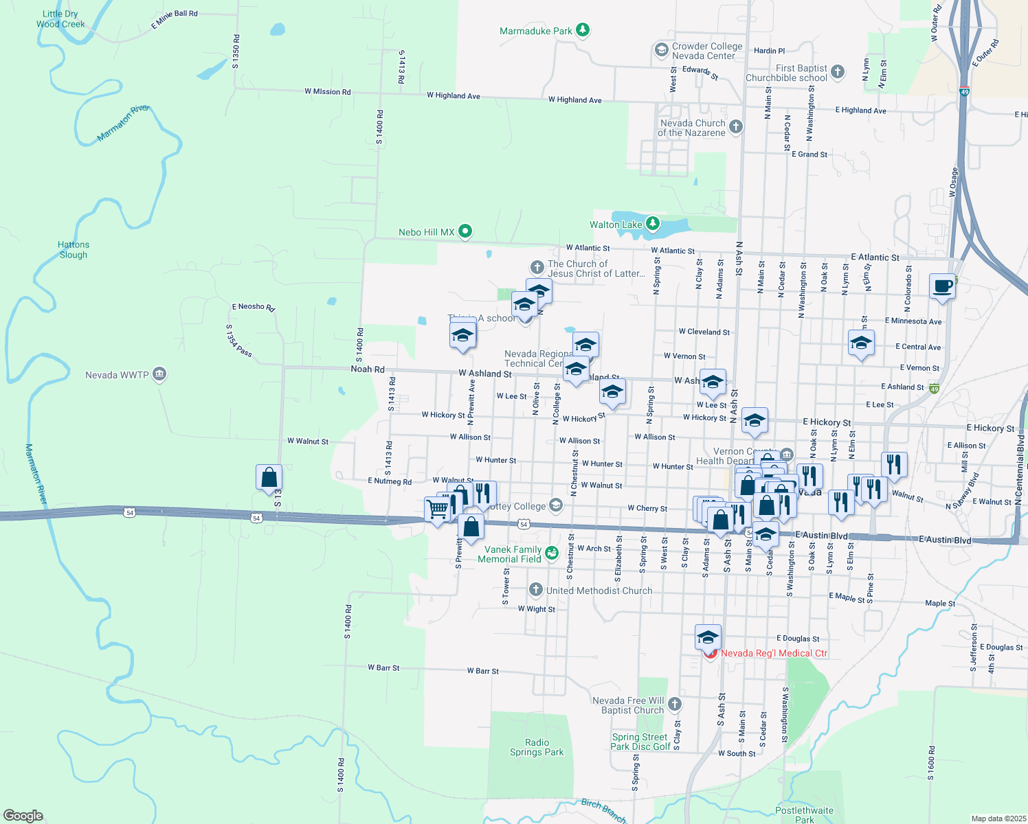 map of restaurants, bars, coffee shops, grocery stores, and more near 526 North Tower Street in Nevada