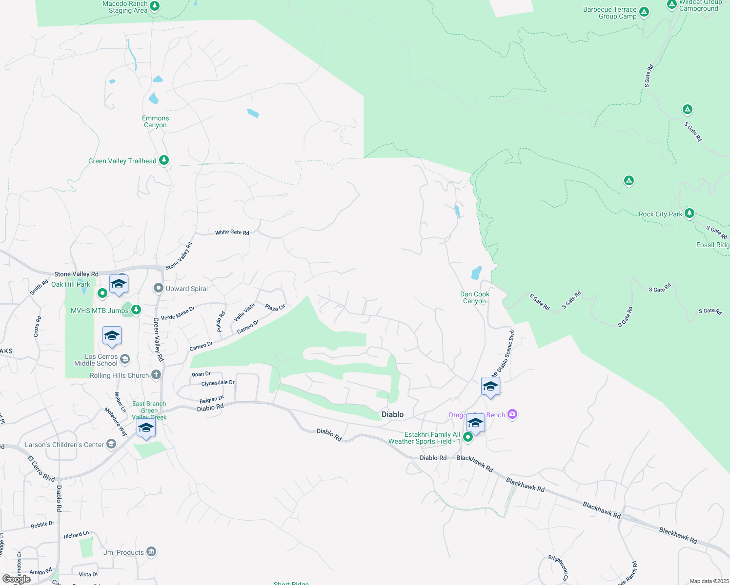 map of restaurants, bars, coffee shops, grocery stores, and more near 2590 Caballo Ranchero Drive in Diablo