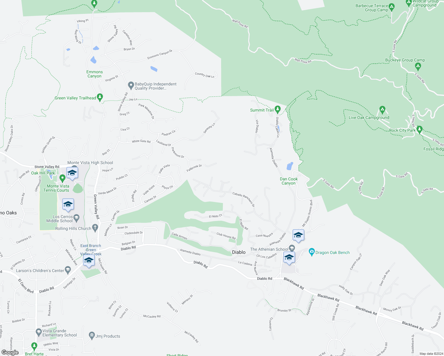 map of restaurants, bars, coffee shops, grocery stores, and more near 2590 Caballo Ranchero Drive in Diablo