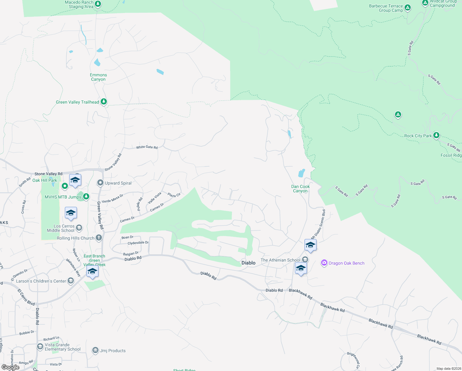 map of restaurants, bars, coffee shops, grocery stores, and more near 2590 Caballo Ranchero Drive in Diablo
