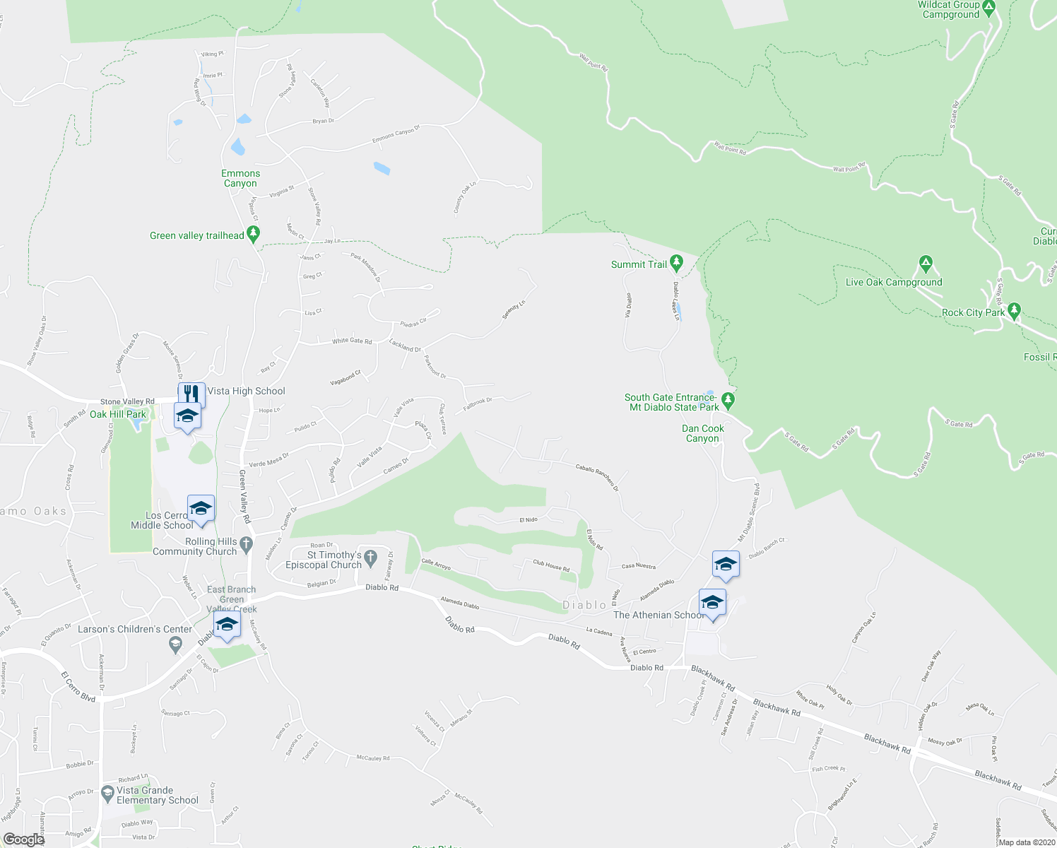 map of restaurants, bars, coffee shops, grocery stores, and more near 2660 Caballo Ranchero Drive in Diablo