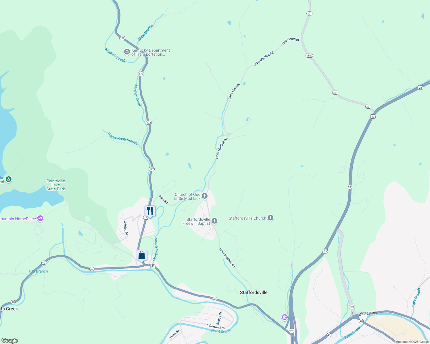 map of restaurants, bars, coffee shops, grocery stores, and more near Little Mudlick Road in Johnson County