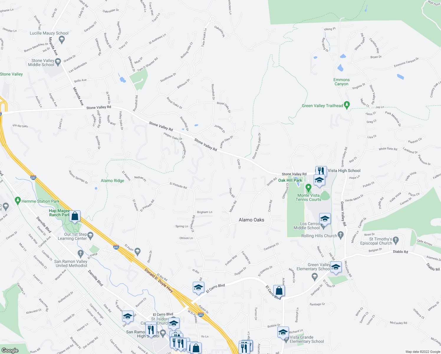 map of restaurants, bars, coffee shops, grocery stores, and more near 221 Dean Road in Alamo