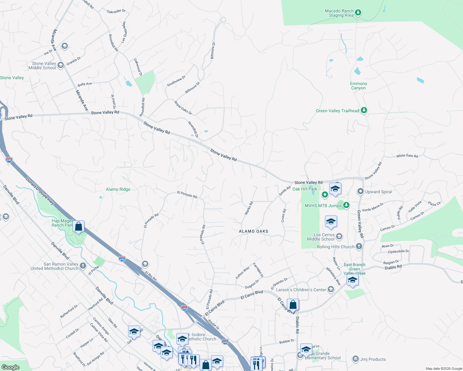 map of restaurants, bars, coffee shops, grocery stores, and more near 60 Stone Creek Place in Alamo