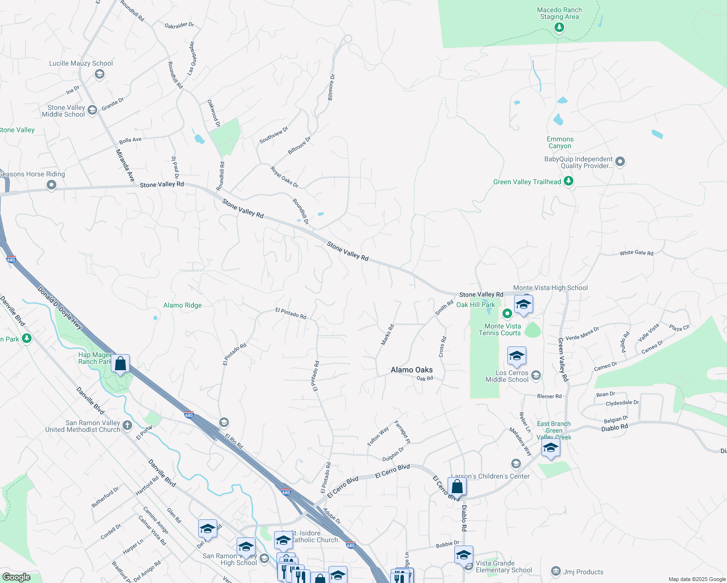 map of restaurants, bars, coffee shops, grocery stores, and more near 60 Stone Creek Place in Alamo