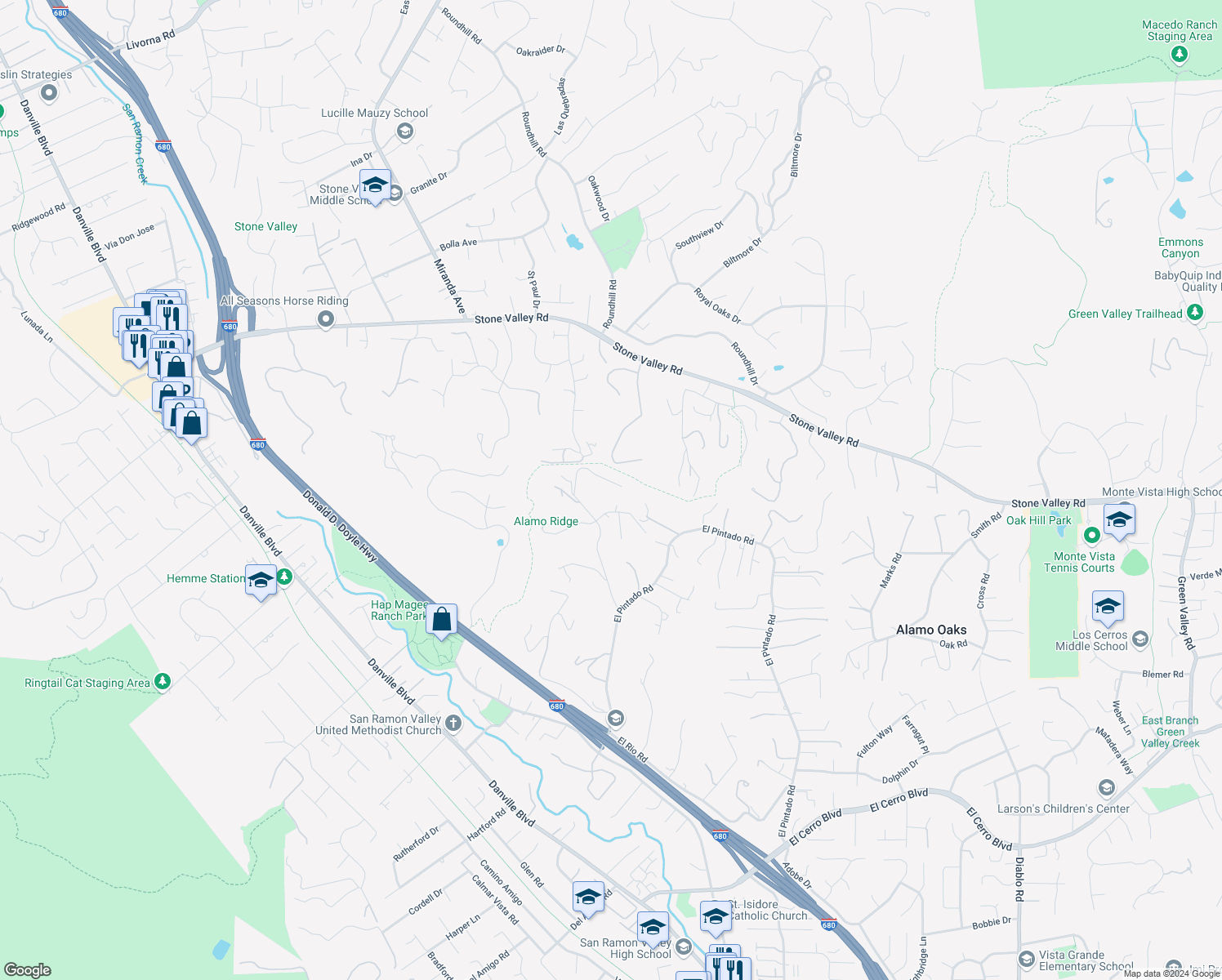 map of restaurants, bars, coffee shops, grocery stores, and more near 36 El Alamo Court in Danville