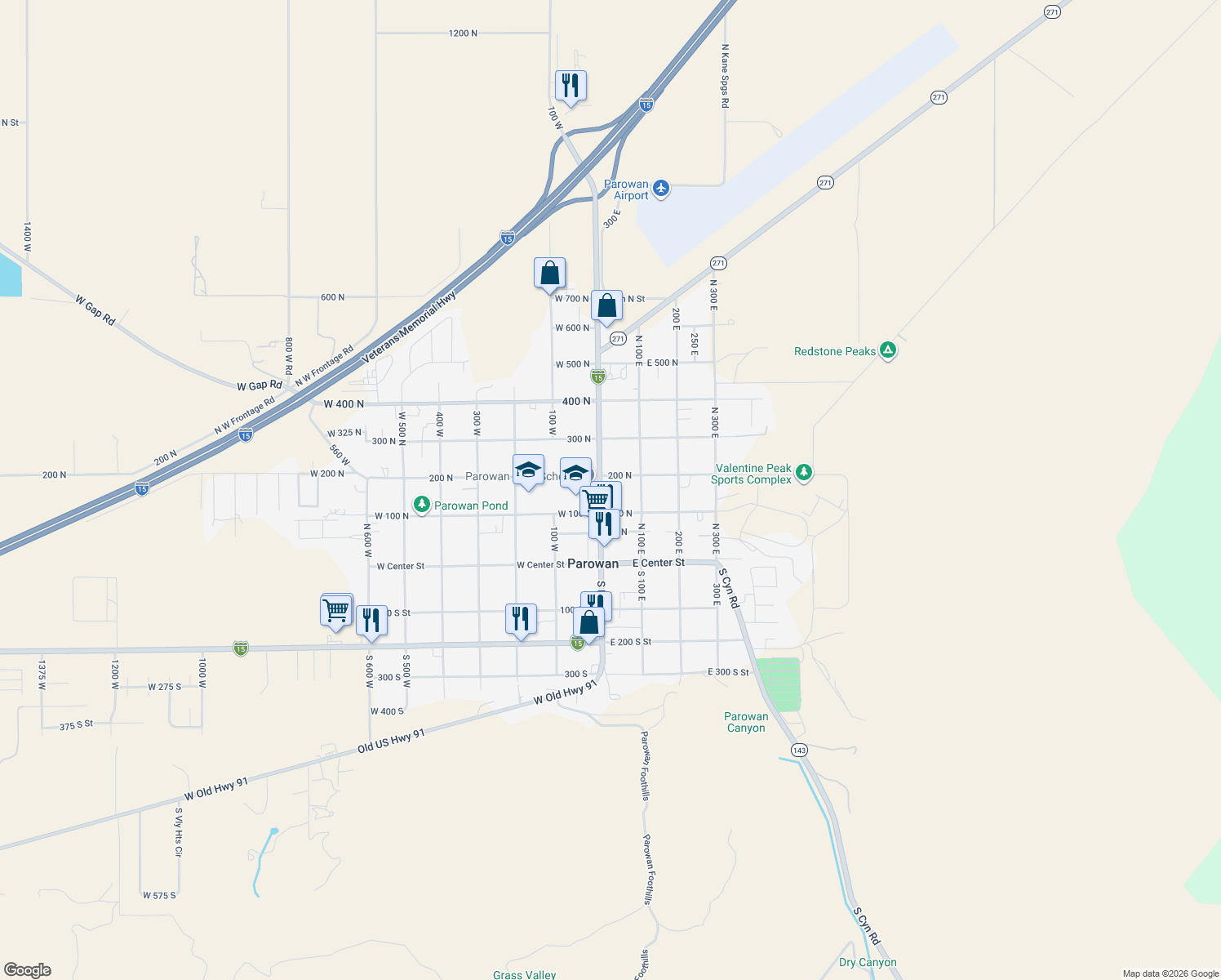 map of restaurants, bars, coffee shops, grocery stores, and more near 190 North Main Street in Paragonah