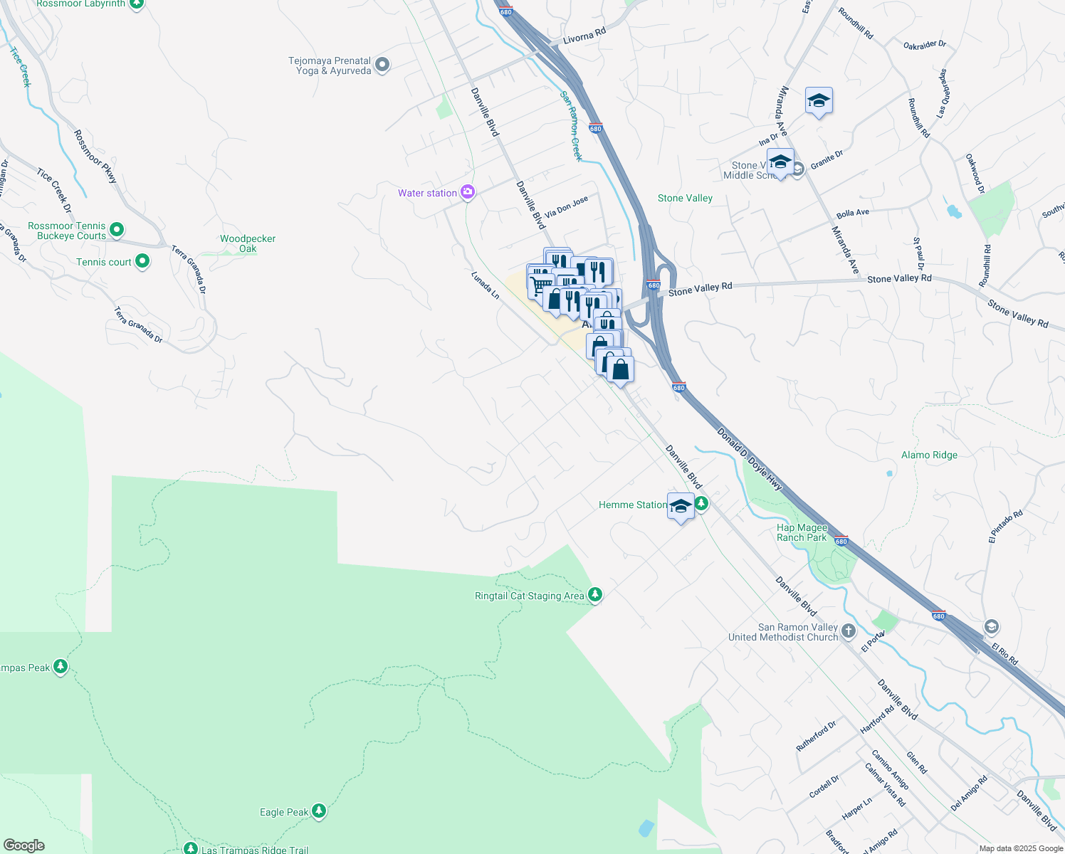 map of restaurants, bars, coffee shops, grocery stores, and more near 1570 Las Trampas Road in Alamo