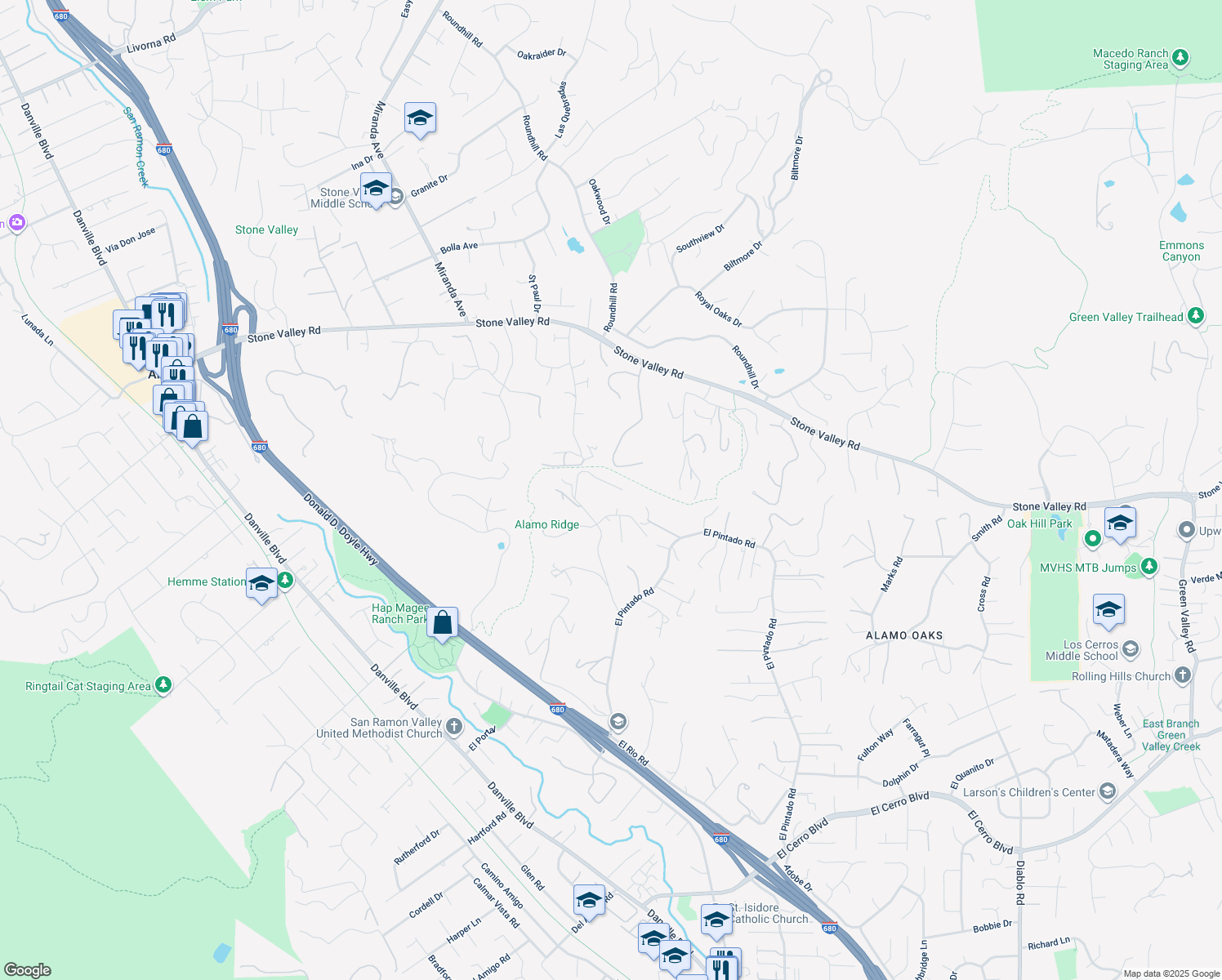 map of restaurants, bars, coffee shops, grocery stores, and more near 36 El Alamo Court in Danville