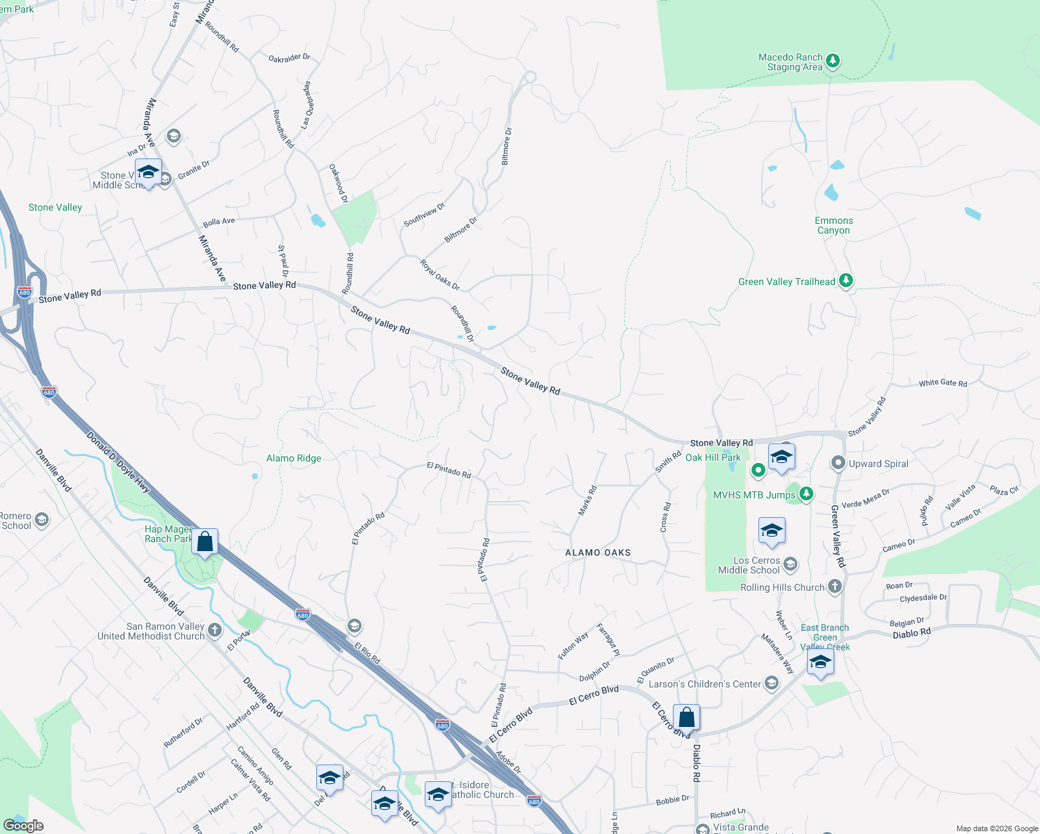 map of restaurants, bars, coffee shops, grocery stores, and more near 34 Winding Glen in Alamo