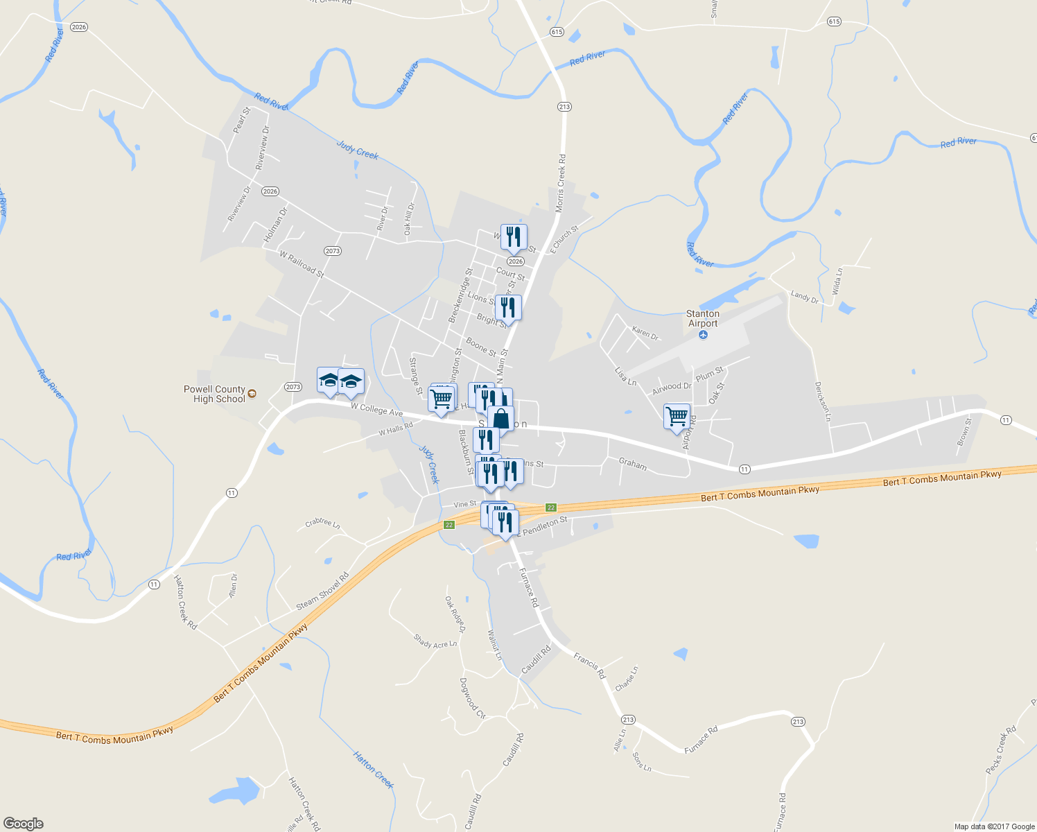 map of restaurants, bars, coffee shops, grocery stores, and more near 59 Strode Street in Stanton