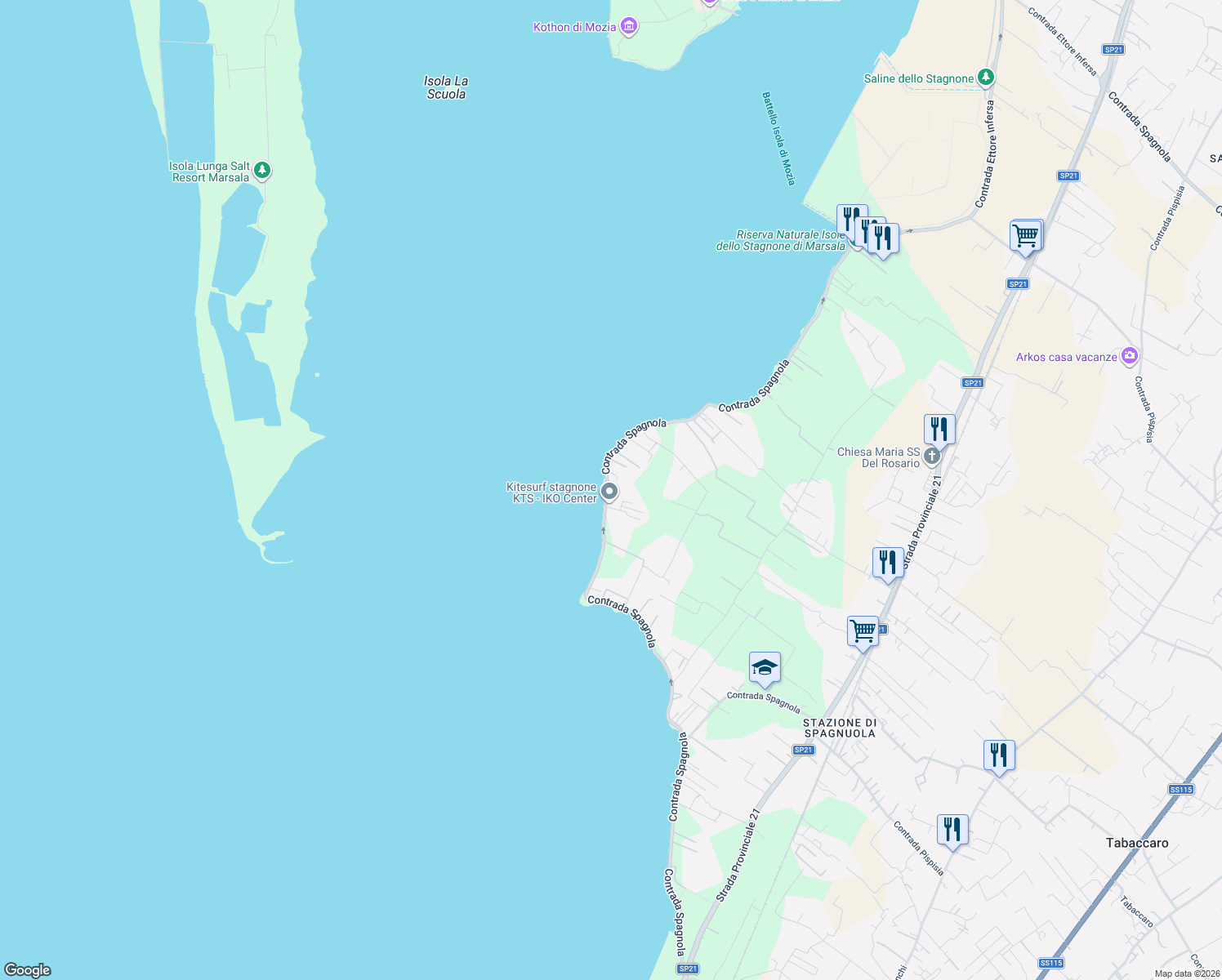 map of restaurants, bars, coffee shops, grocery stores, and more near 86 Contrada Spagnola in Marsala