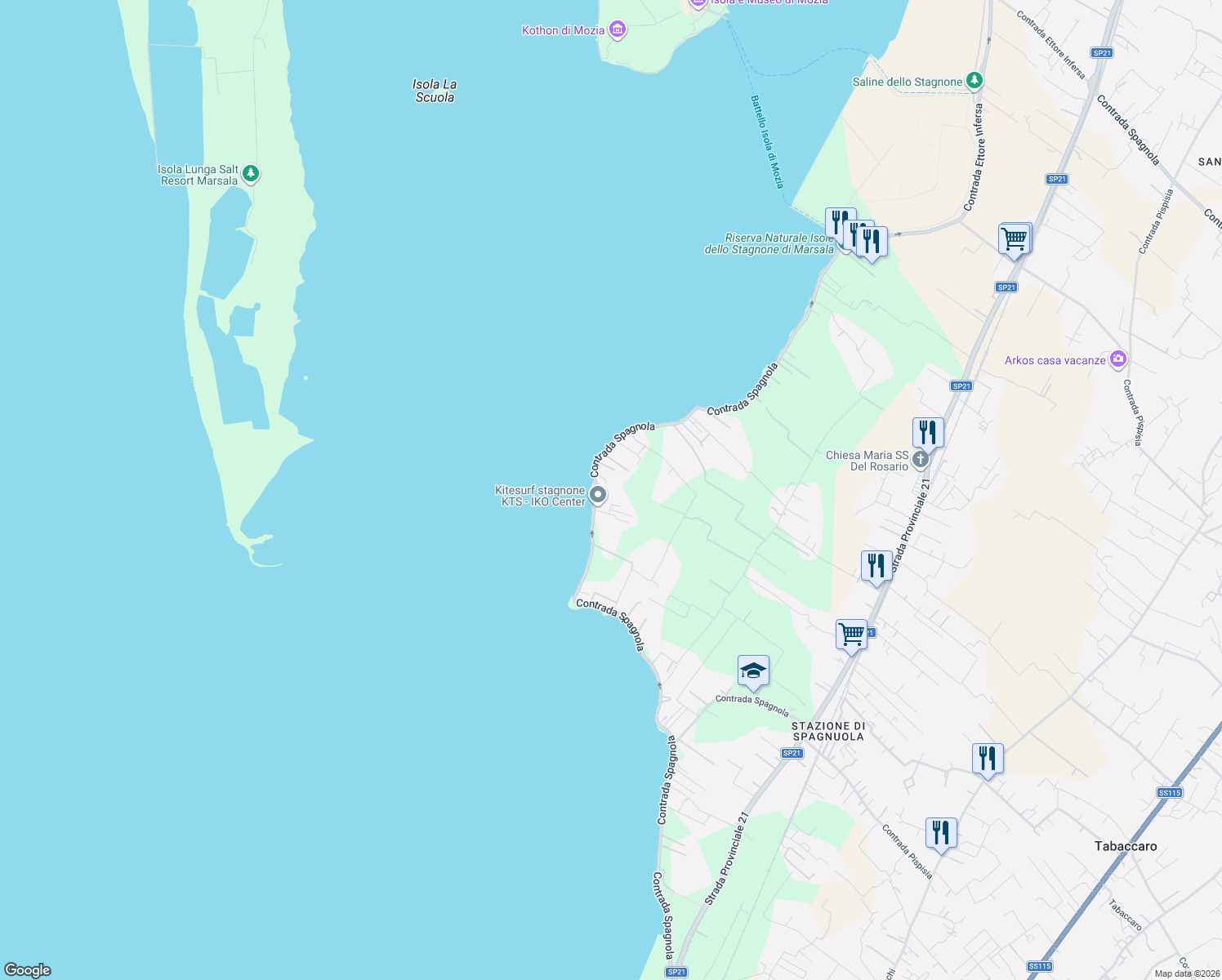 map of restaurants, bars, coffee shops, grocery stores, and more near 86 Contrada Spagnola in Marsala