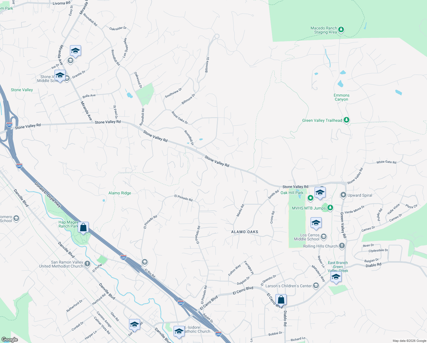 map of restaurants, bars, coffee shops, grocery stores, and more near 34 Winding Glen in Alamo