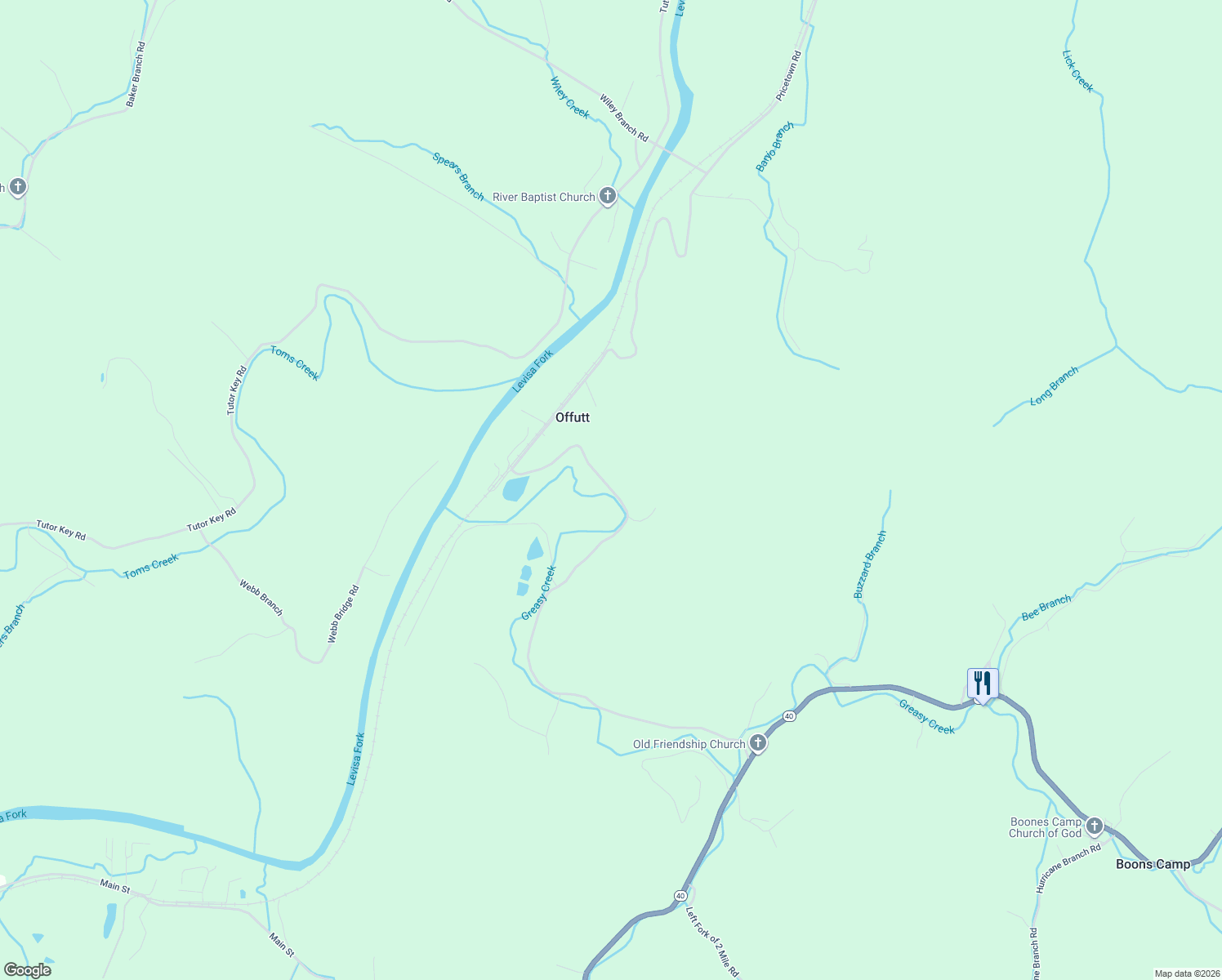 map of restaurants, bars, coffee shops, grocery stores, and more near State Highway 2040 in Paintsville