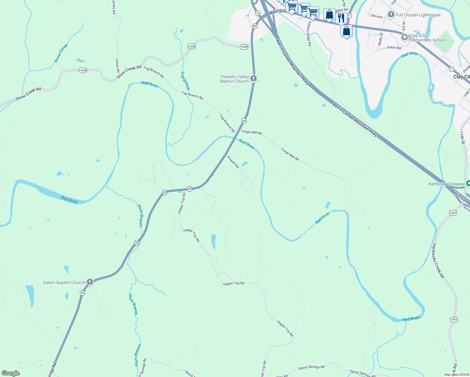 map of restaurants, bars, coffee shops, grocery stores, and more near 105 Spencer Road in Clay City